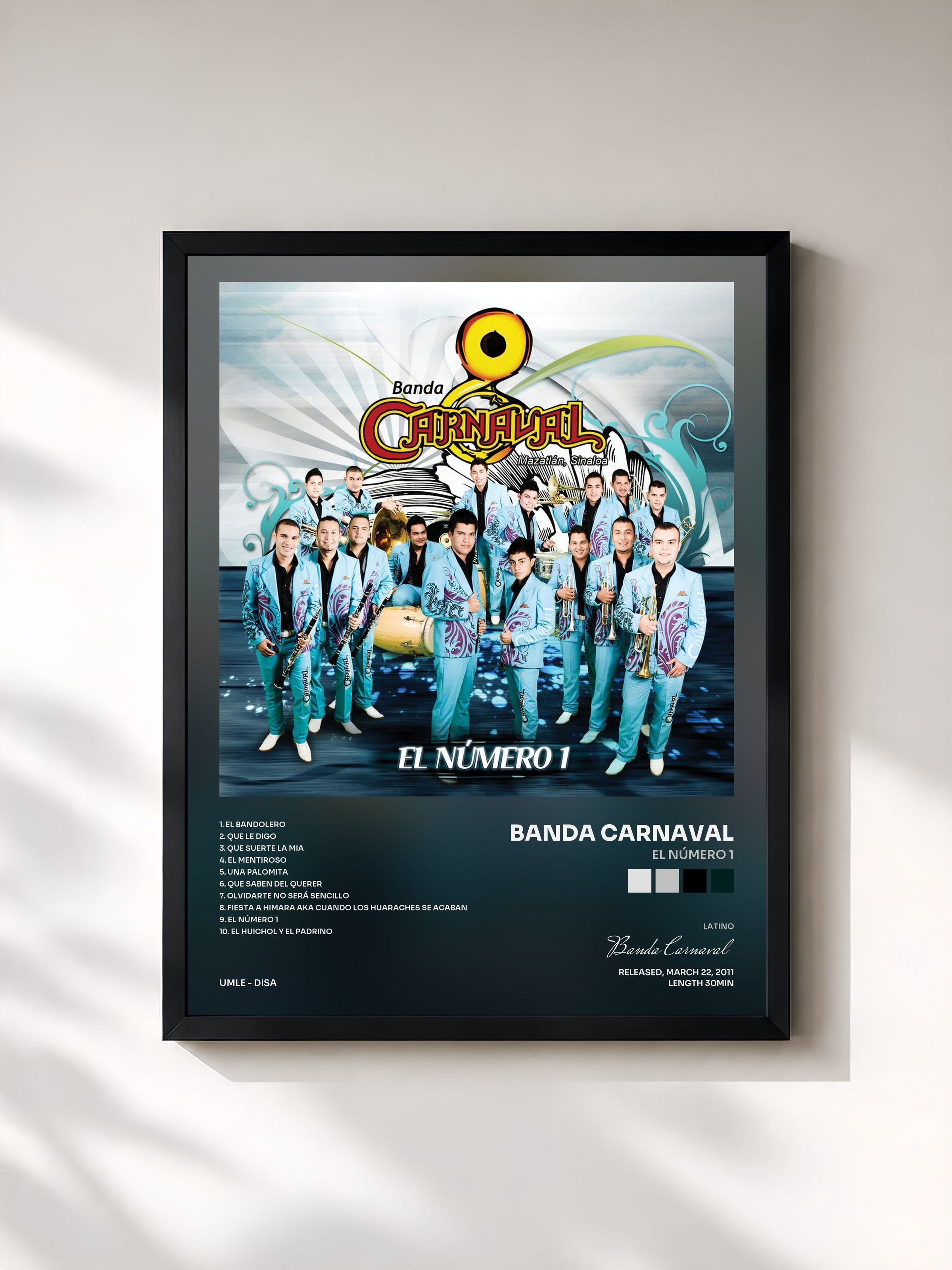 #noir Tableau de l'album El Número 1 de Banda Carnaval, cadre noir, imprimé et encadré en France