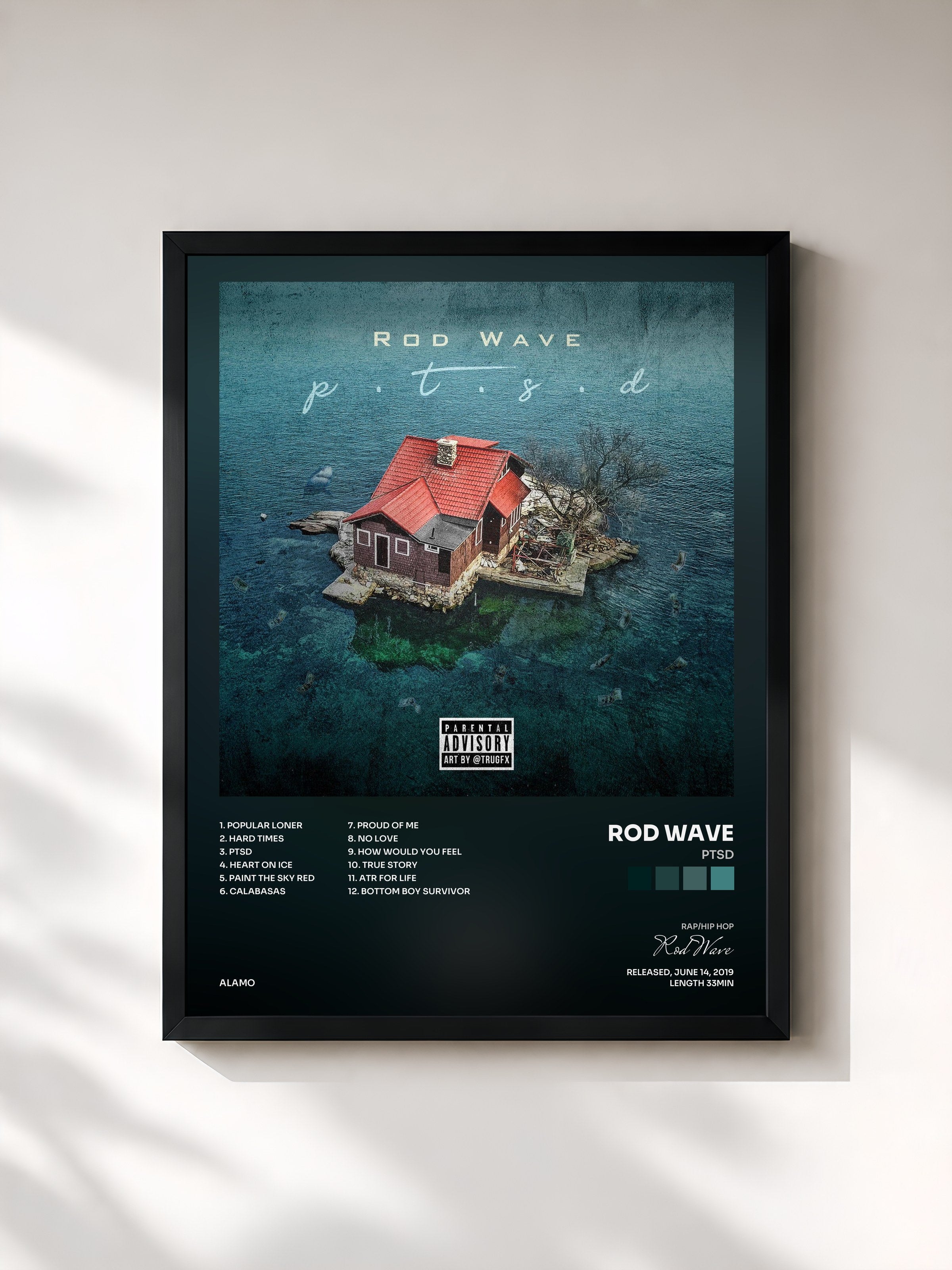 #noir Tableau de l'album PTSD de Rod Wave, cadre noir, imprimé et encadré en France