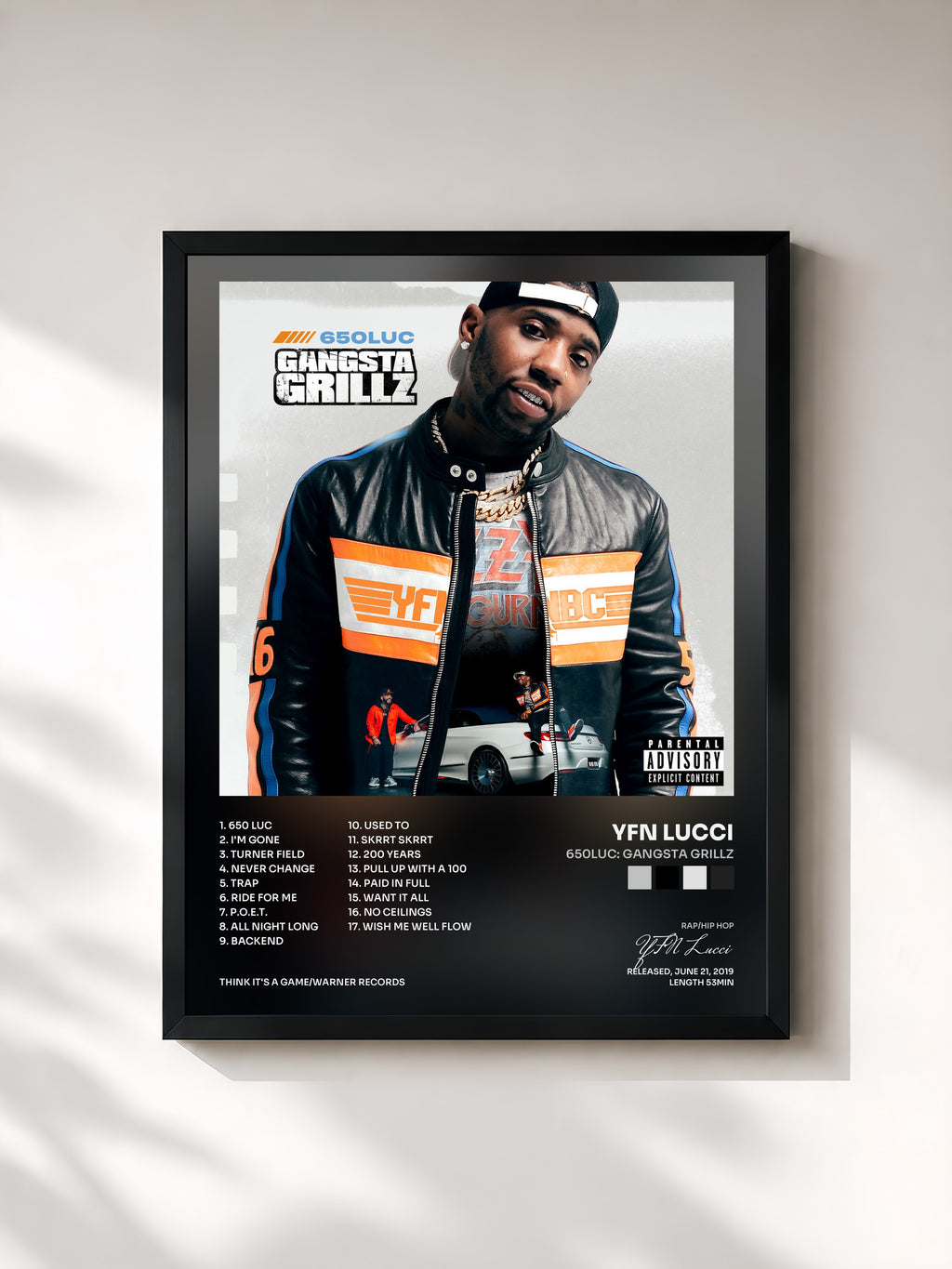 #noir Tableau de l'album 650Luc: Gangsta Grillz de YFN Lucci, cadre noir, imprimé et encadré en France