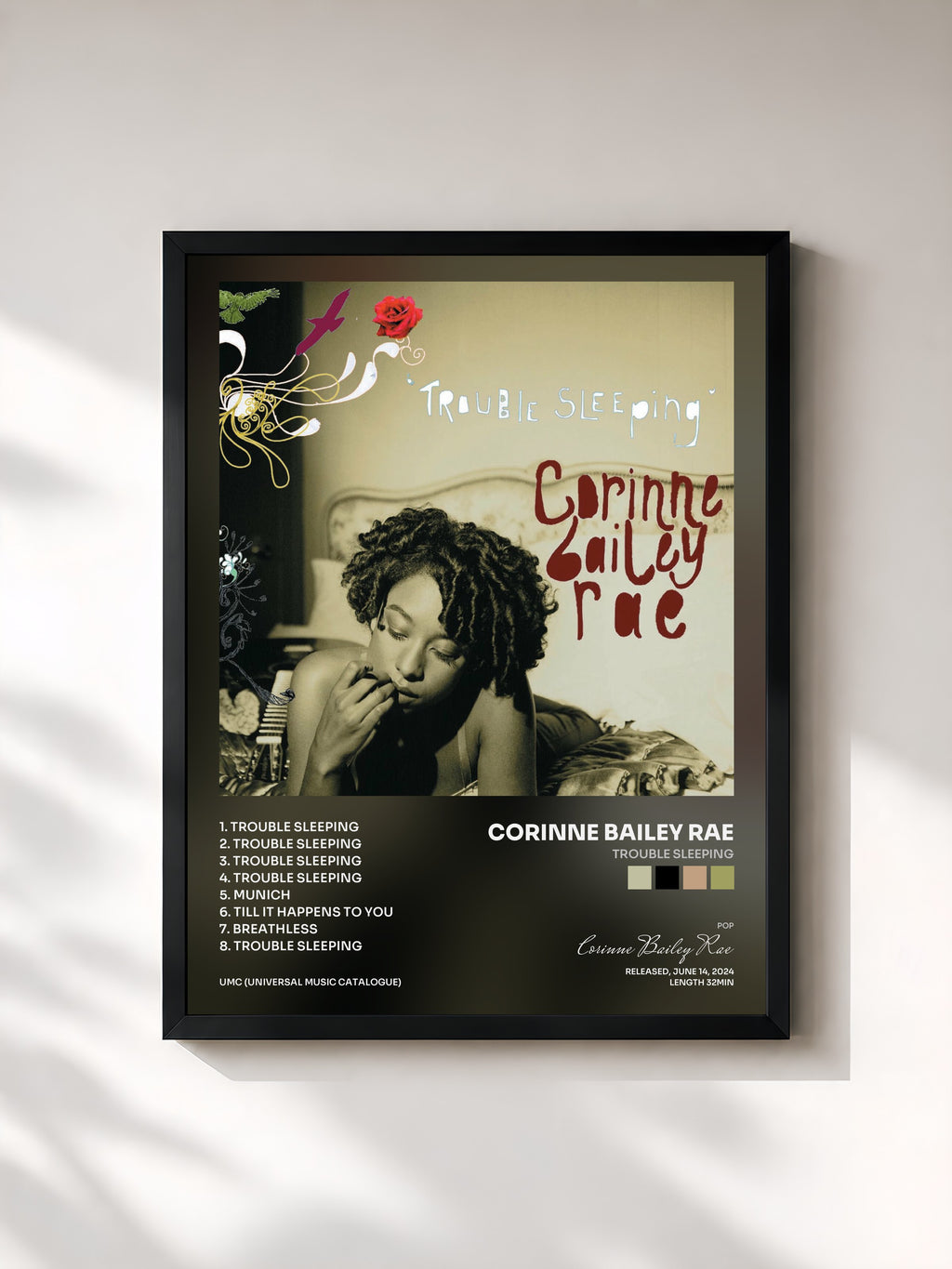 #noir Tableau de l'album Trouble Sleeping de Corinne Bailey Rae, cadre noir, imprimé et encadré en France