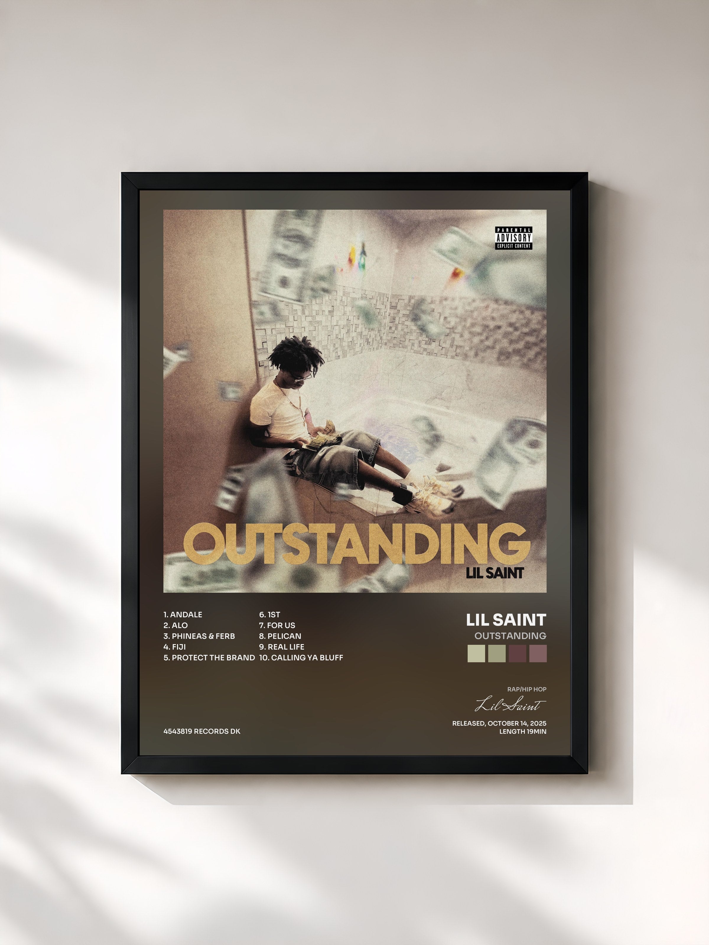#noir Tableau de l'album OUTSTANDING de Lil Saint, cadre noir, imprimé et encadré en France