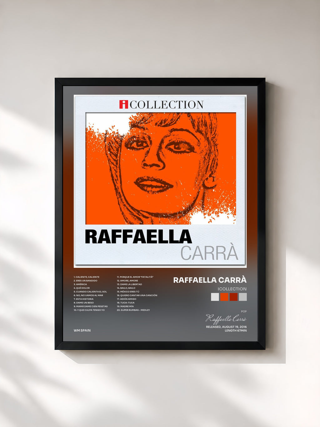 #noir Tableau de l'album iCollection de Raffaella Carrà, cadre noir, imprimé et encadré en France