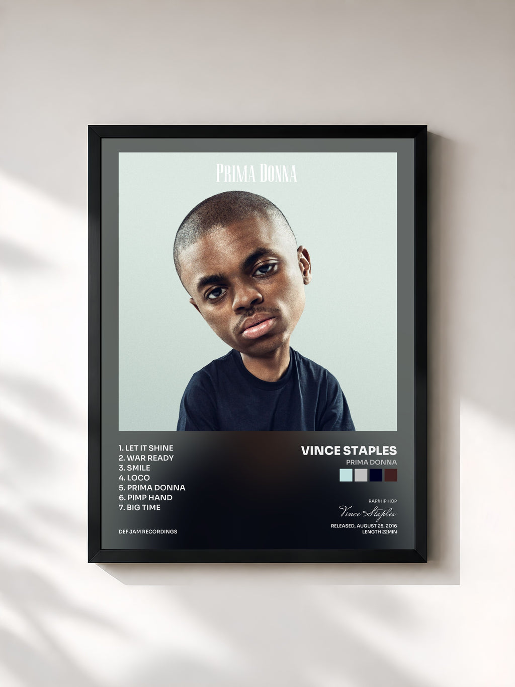 #noir Tableau de l'album Prima Donna de Vince Staples, cadre noir, imprimé et encadré en France