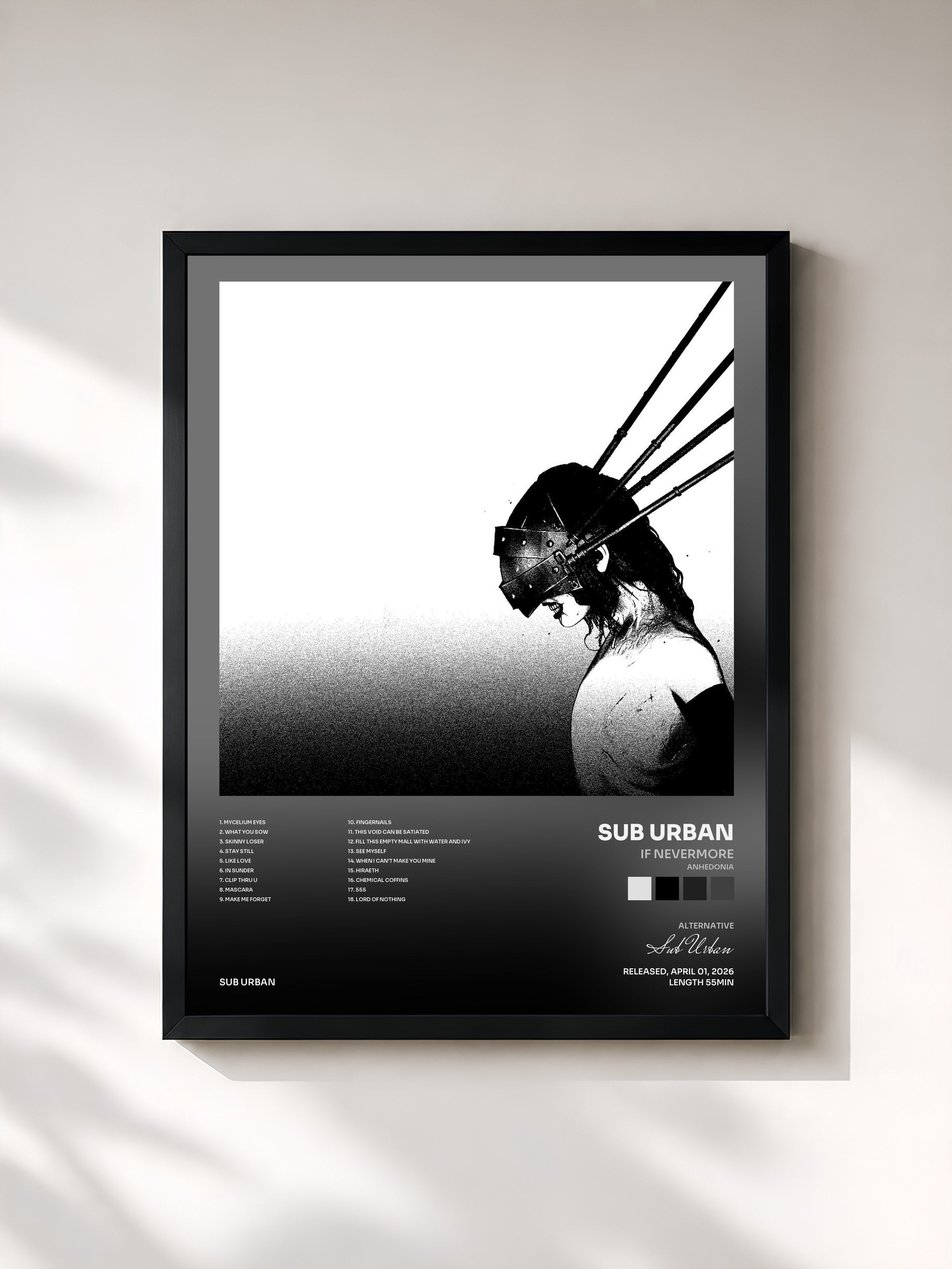 #noir Tableau de l'album If Nevermore (Anhedonia) de Sub Urban, cadre noir, imprimé et encadré en France