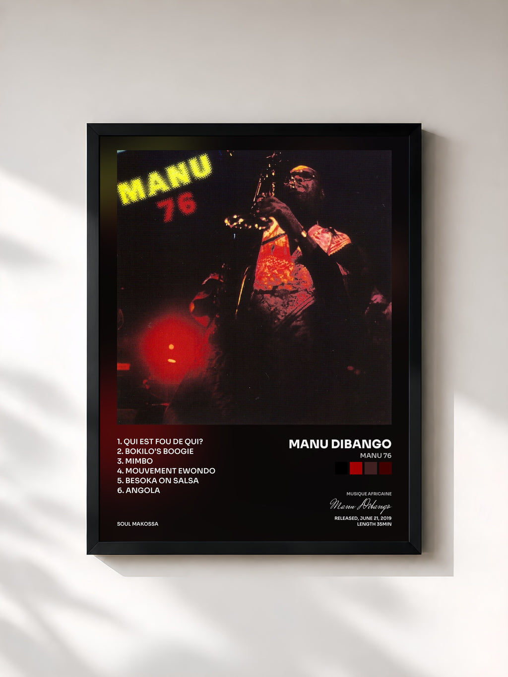 #noir Tableau de l'album Manu 76 de Manu Dibango, cadre noir, imprimé et encadré en France