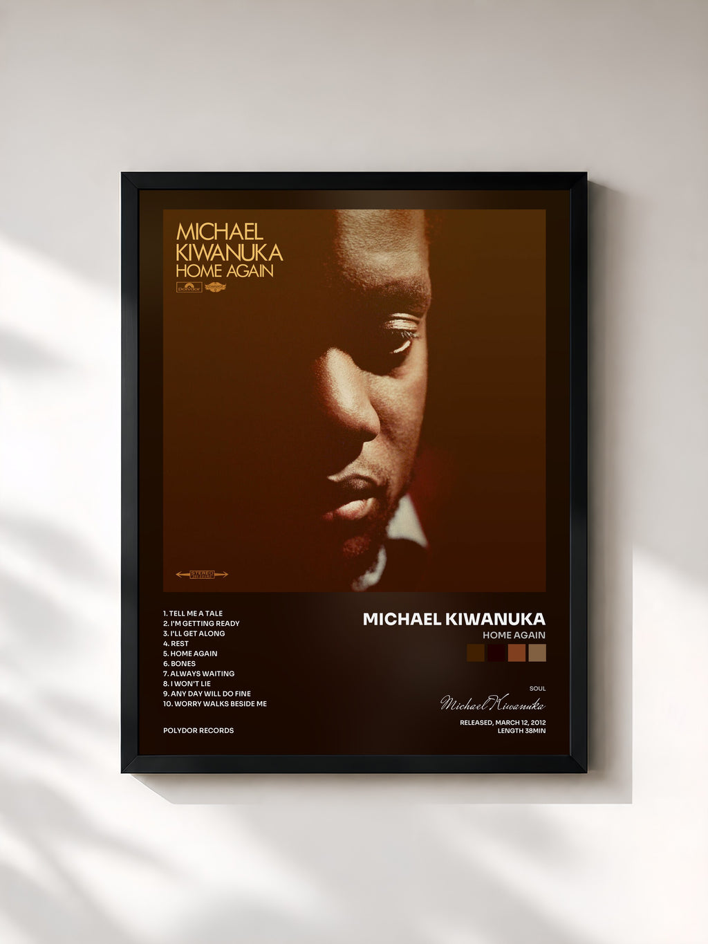 #noir Tableau de l'album Home Again de Michael Kiwanuka, cadre noir, imprimé et encadré en France