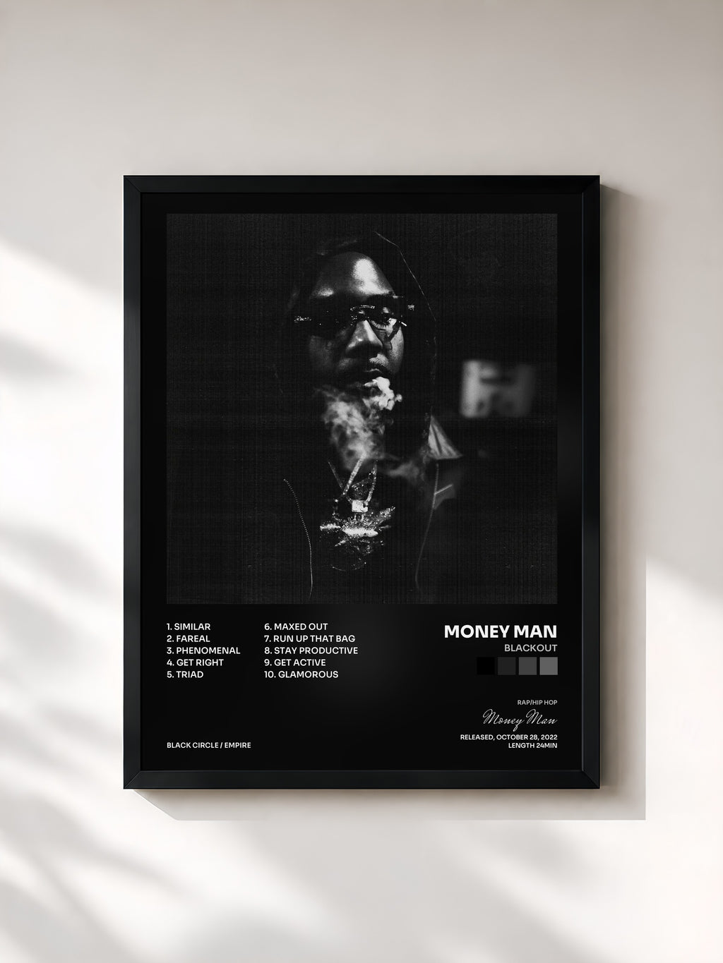 #noir Tableau de l'album Blackout de Money Man, cadre noir, imprimé et encadré en France