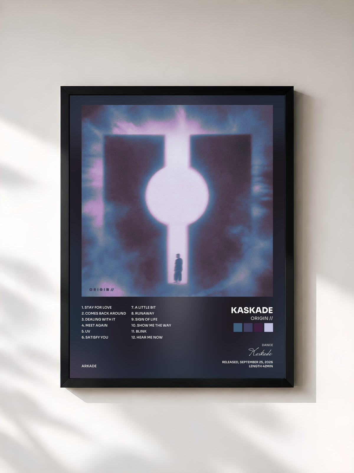 #noir Tableau de l'album ORIGIN // de Kaskade, cadre noir, imprimé et encadré en France