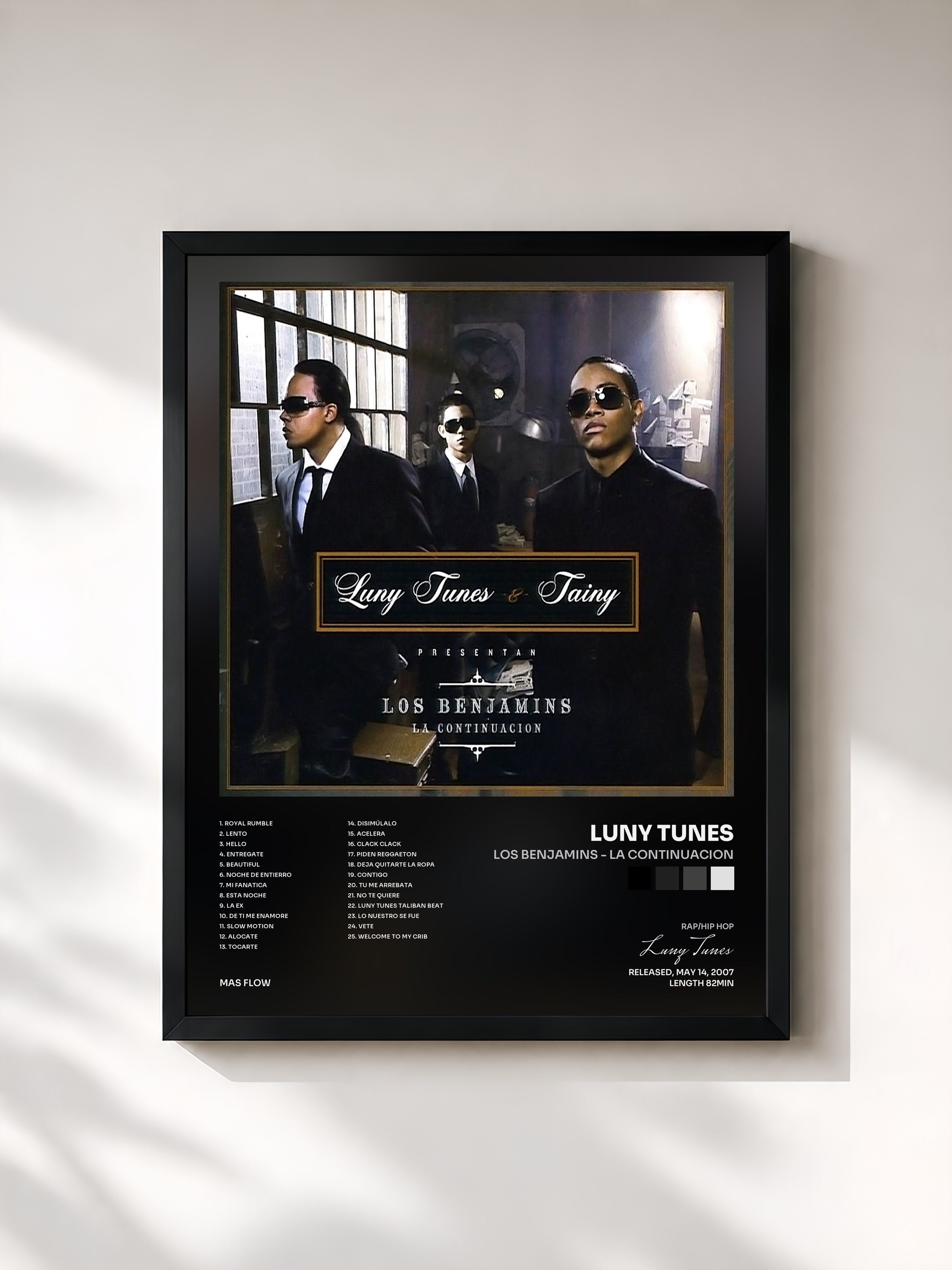 #noir Tableau de l'album Los Benjamins - La Continuacion de Luny Tunes, cadre noir, imprimé et encadré en France