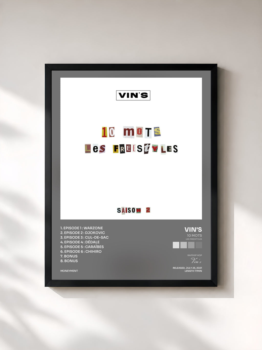 #noir Tableau de l'album 10 mots (Les freestyles) [Saison 2] de Vin's, cadre noir, imprimé et encadré en France