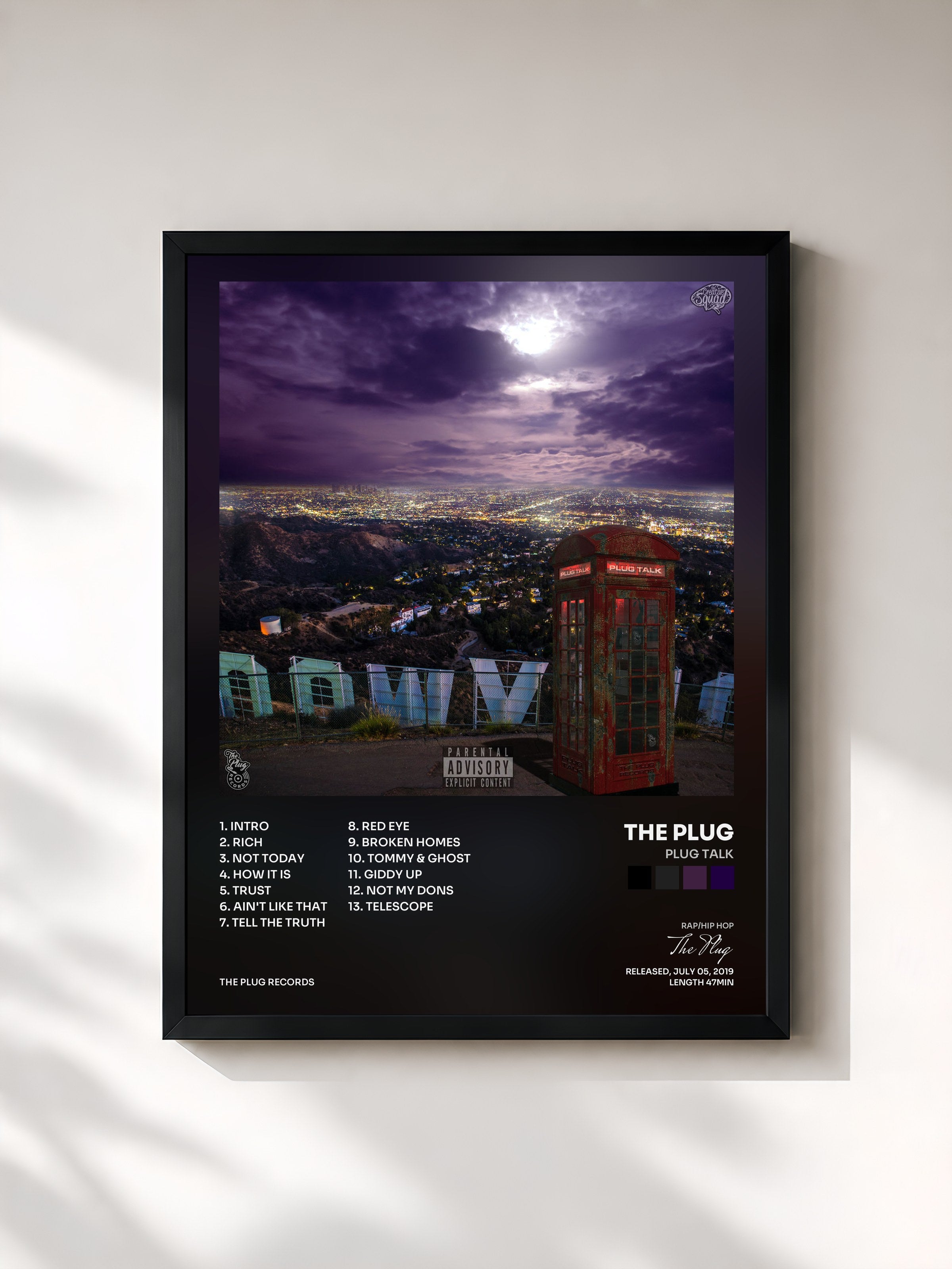 #noir Tableau de l'album Plug Talk de The Plug, cadre noir, imprimé et encadré en France