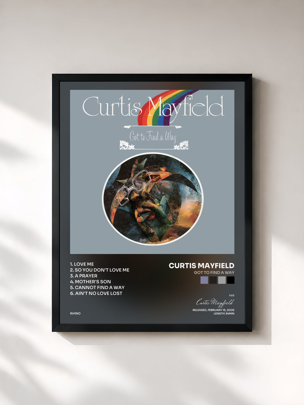 #noir Tableau de l'album Got to Find a Way de Curtis Mayfield, cadre noir, imprimé et encadré en France