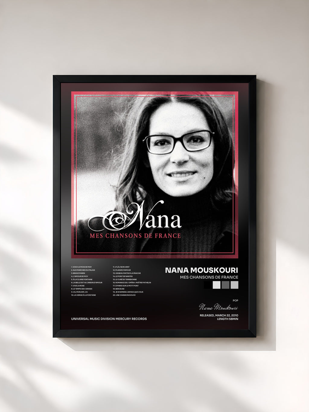 #noir Tableau de l'album Mes Chansons De France de Nana Mouskouri, cadre noir, imprimé et encadré en France