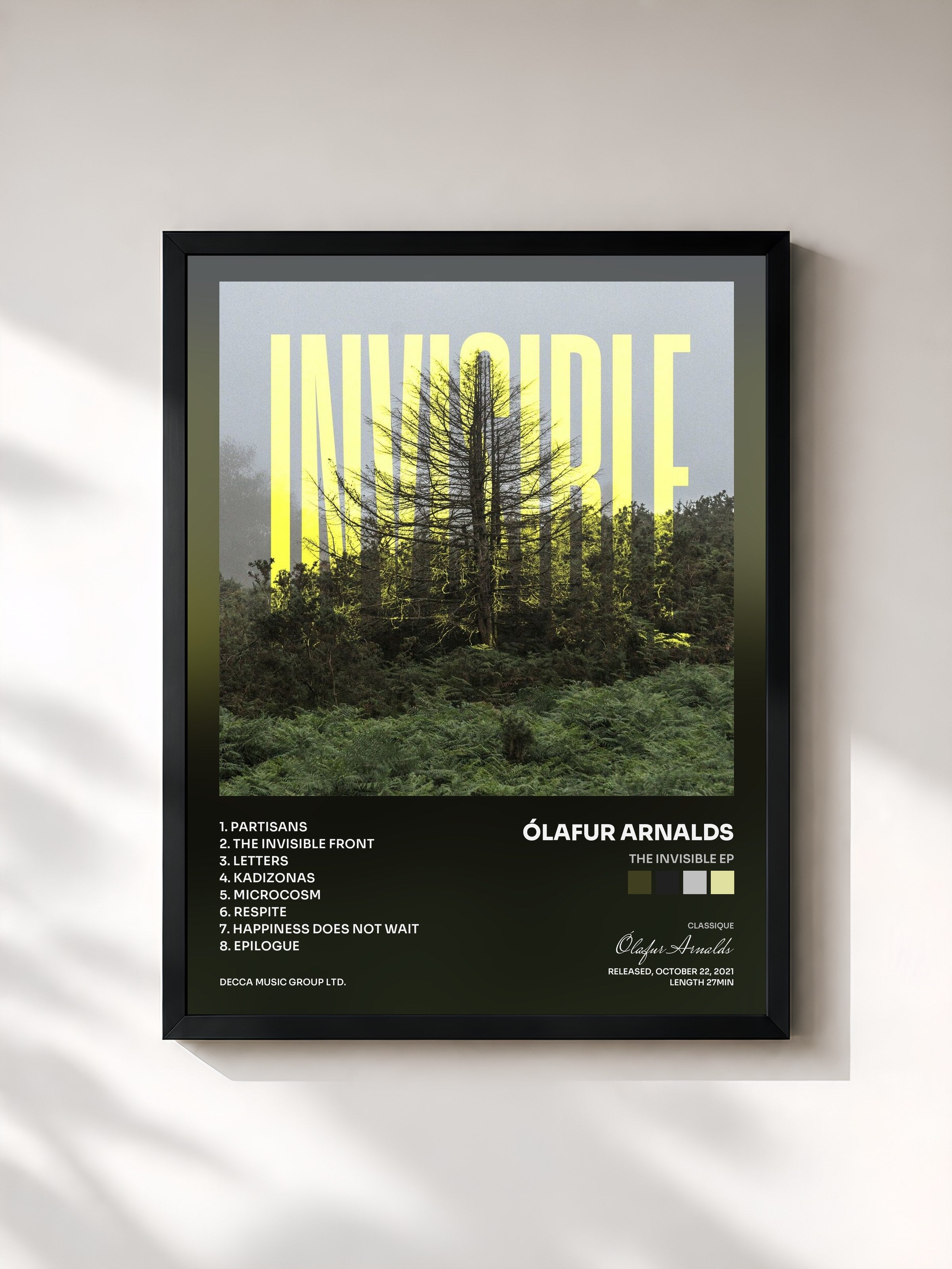 #noir Tableau de l'album The Invisible EP de Ólafur Arnalds, cadre noir, imprimé et encadré en France
