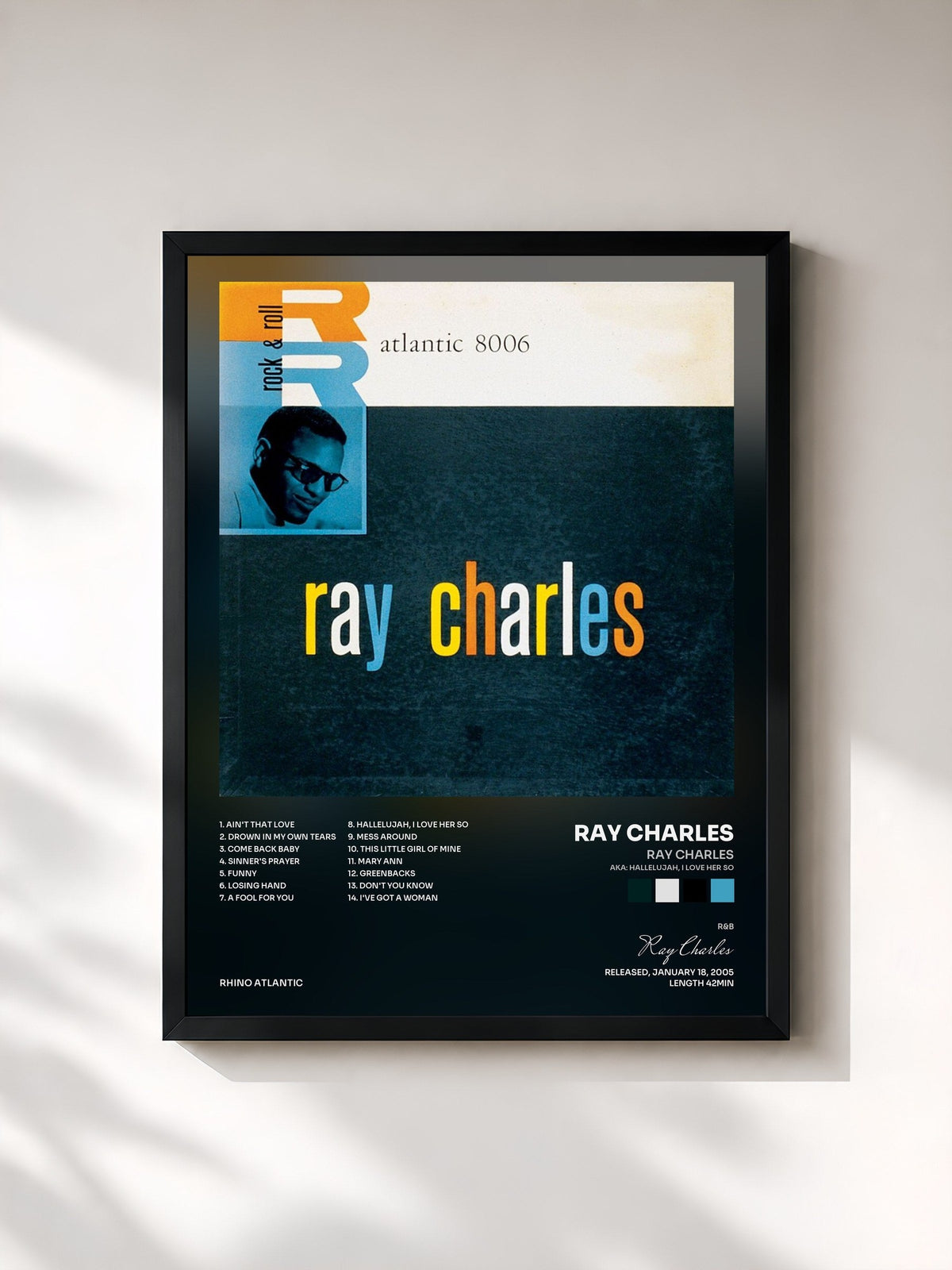#noir Tableau de l'album Ray Charles (aka: Hallelujah, I Love Her So) de Ray Charles, cadre noir, imprimé et encadré en France
