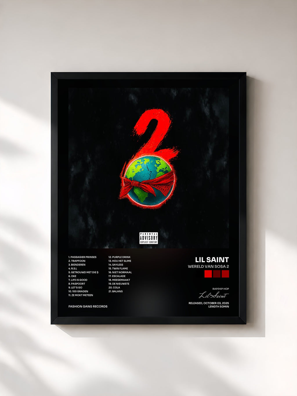 #noir Tableau de l'album Wereld Van Sosa 2 de Lil Saint, cadre noir, imprimé et encadré en France