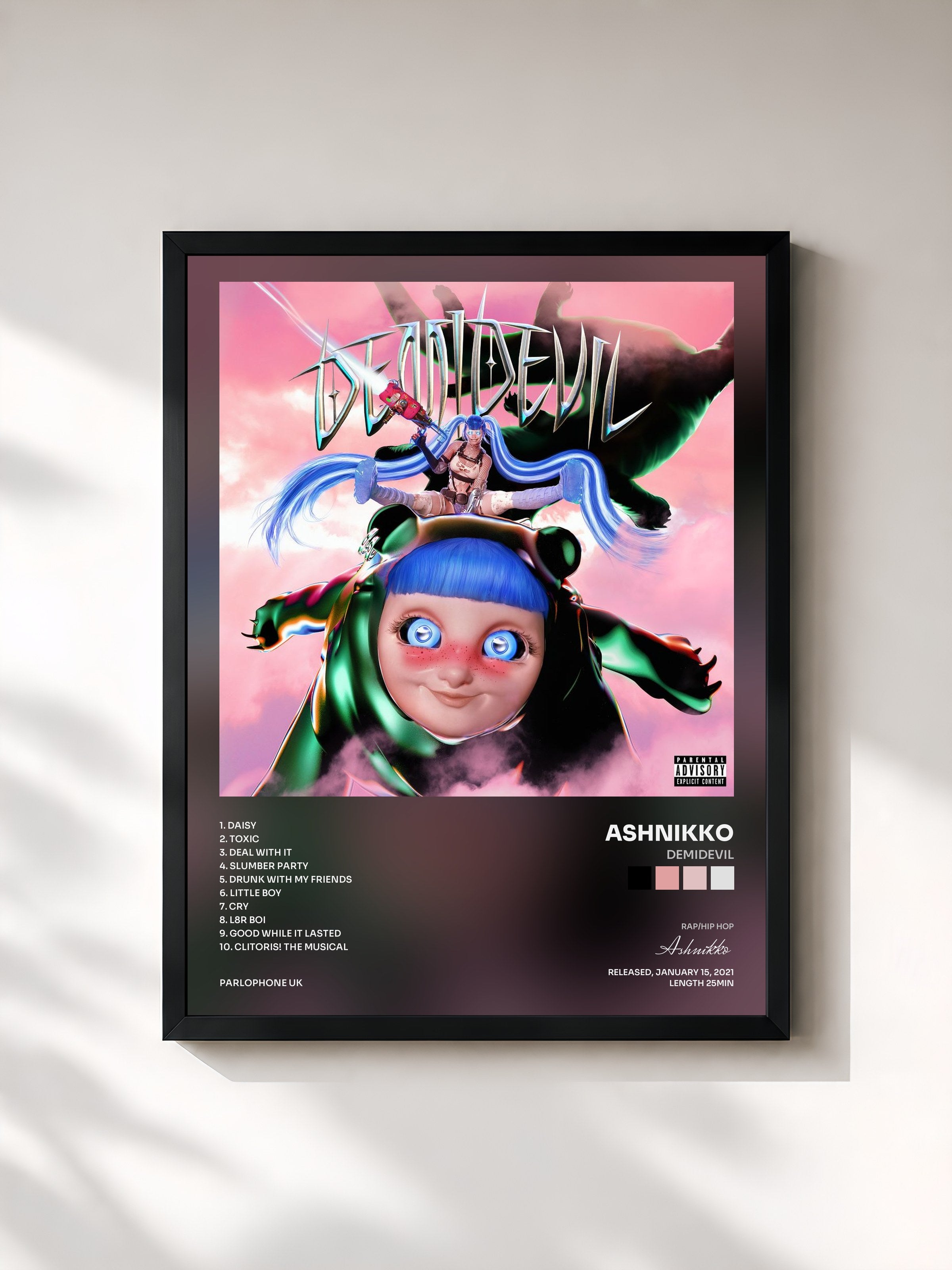 #noir Tableau de l'album DEMIDEVIL de Ashnikko, cadre noir, imprimé et encadré en France