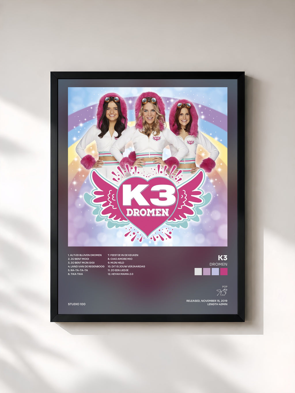#noir Tableau de l'album Dromen de K3, cadre noir, imprimé et encadré en France