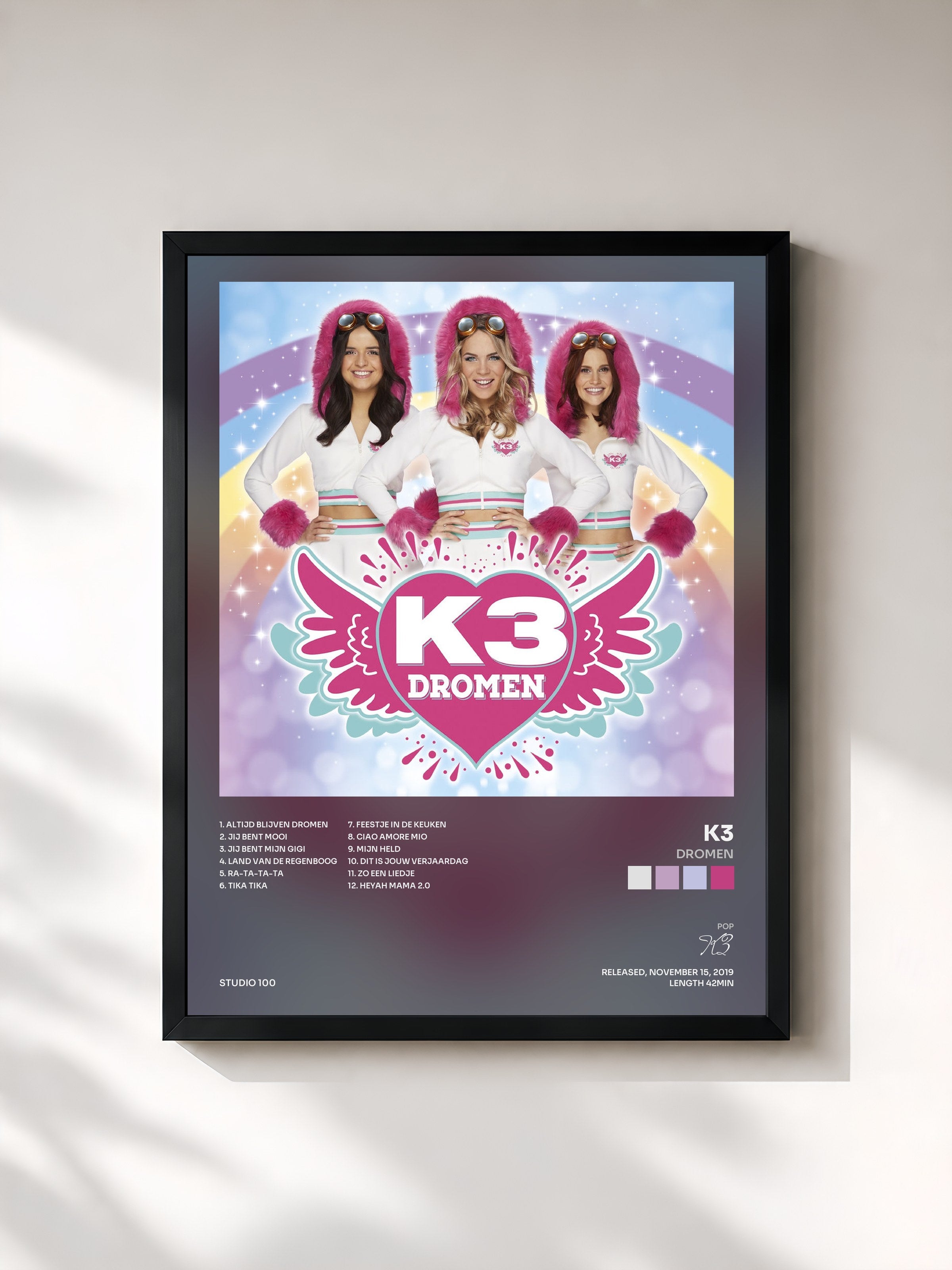 #noir Tableau de l'album Dromen de K3, cadre noir, imprimé et encadré en France