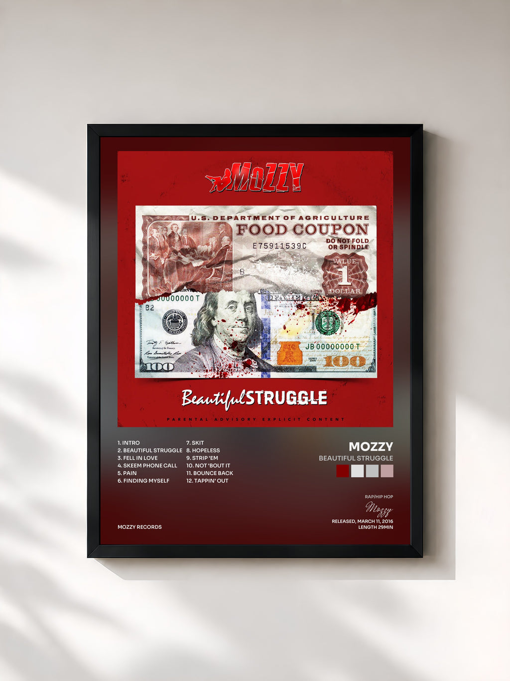 #noir Tableau de l'album Beautiful Struggle de Mozzy, cadre noir, imprimé et encadré en France