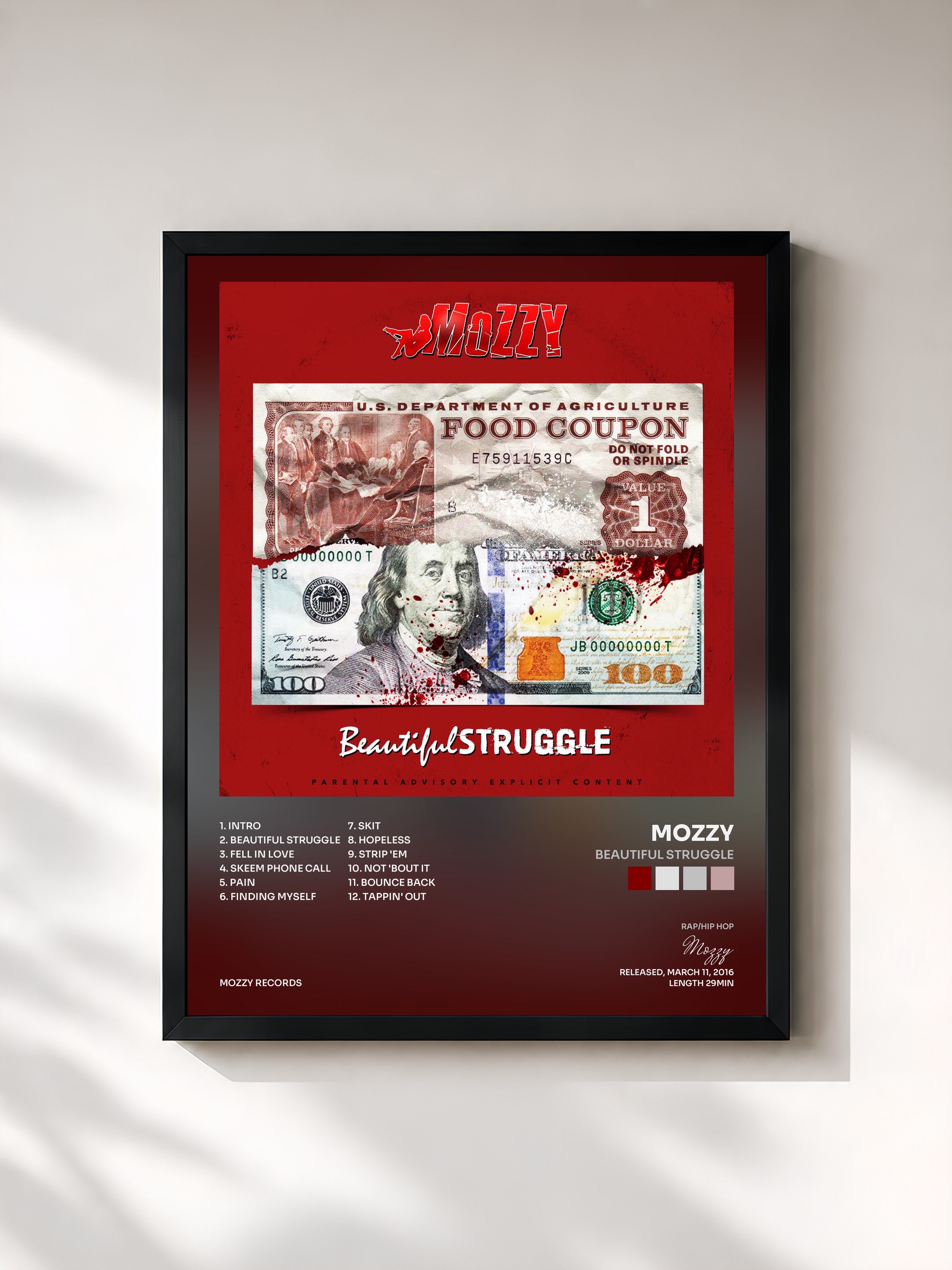 #noir Tableau de l'album Beautiful Struggle de Mozzy, cadre noir, imprimé et encadré en France