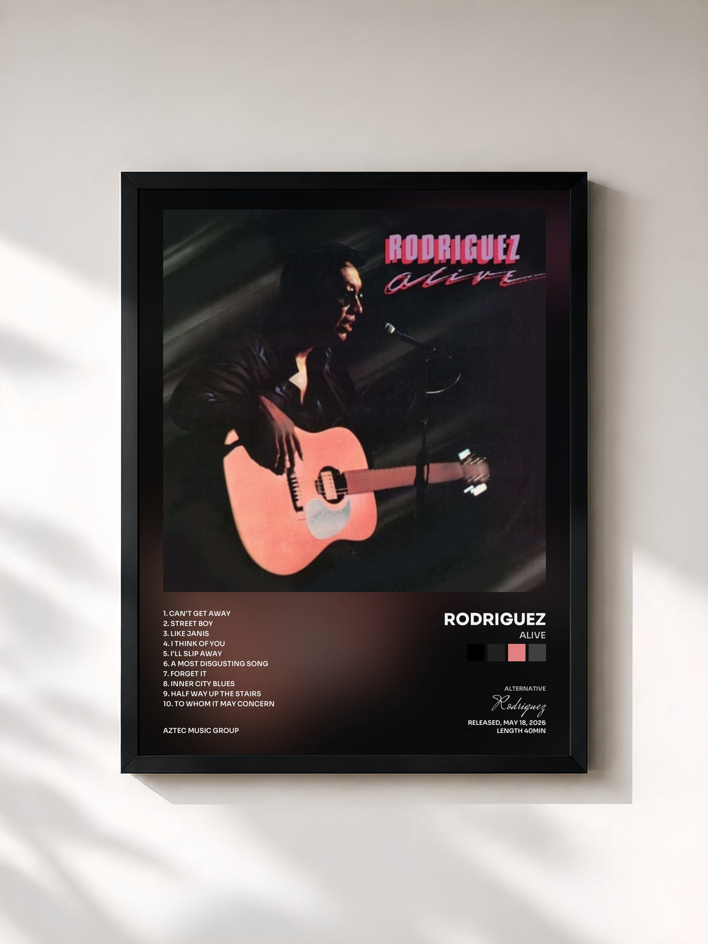 #noir Tableau de l'album Alive de Rodriguez, cadre noir, imprimé et encadré en France