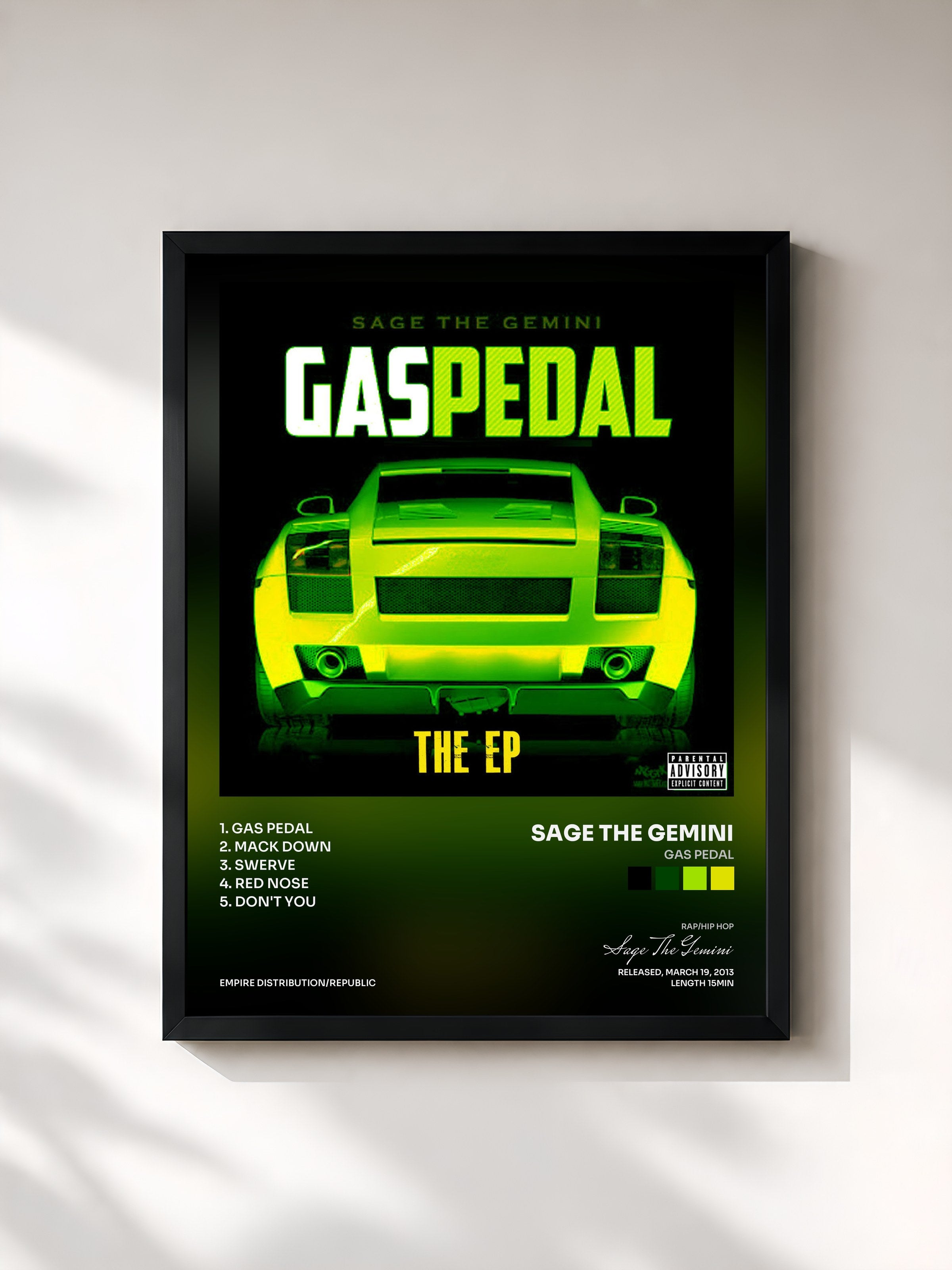#noir Tableau de l'album Gas Pedal de Sage The Gemini, cadre noir, imprimé et encadré en France