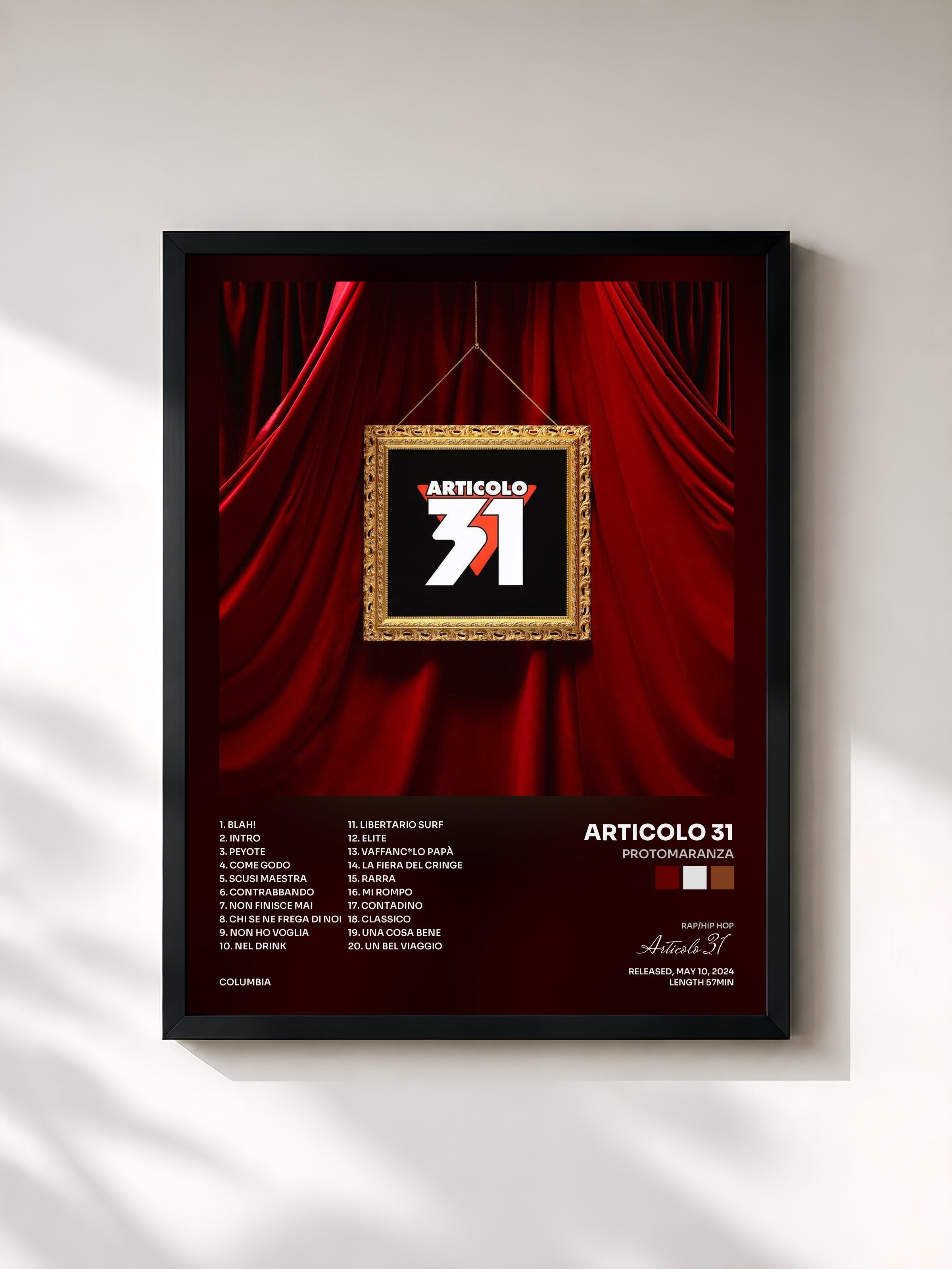 #noir Tableau de l'album PROTOMARANZA de Articolo 31, cadre noir, imprimé et encadré en France