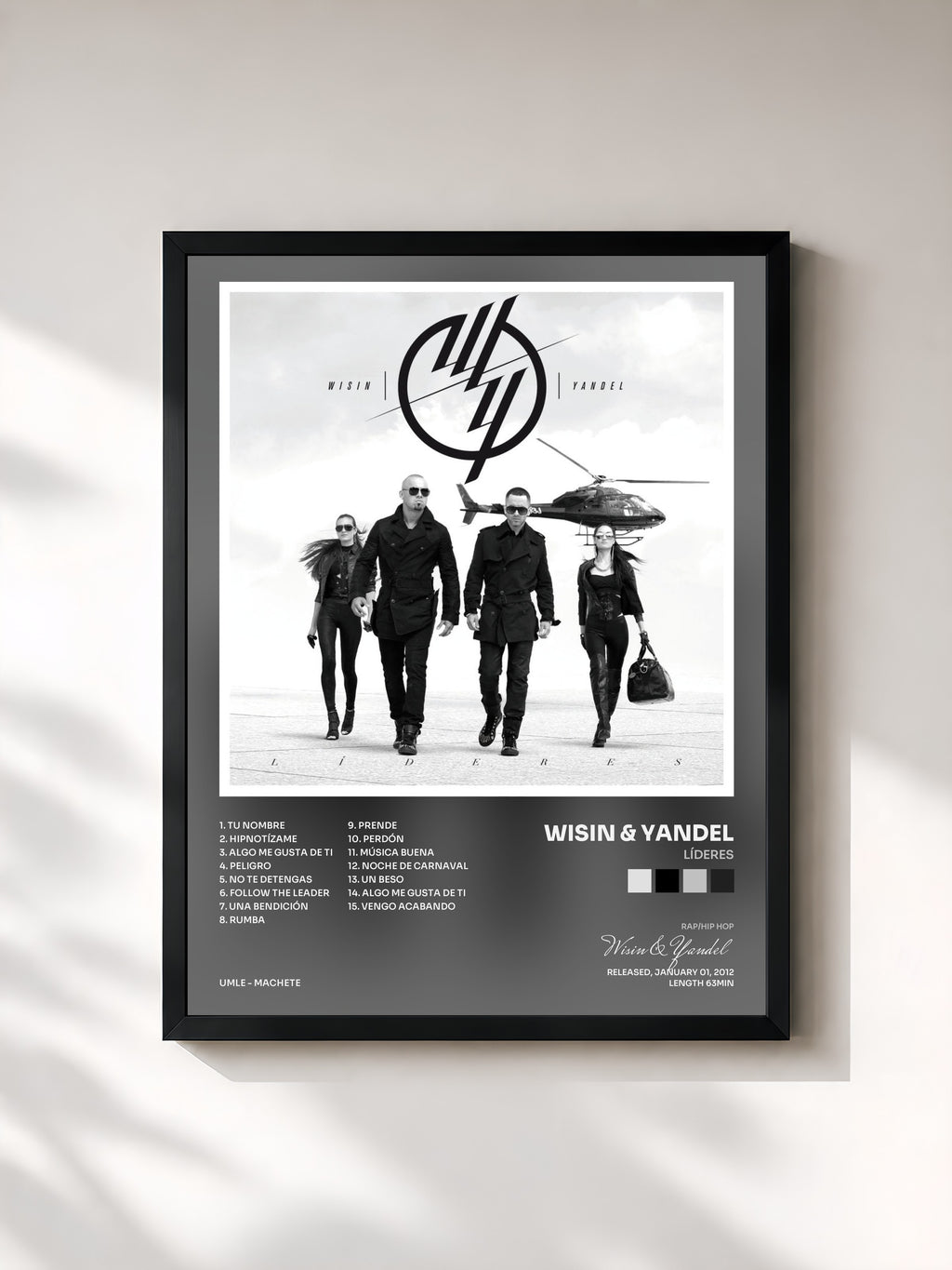 #noir Tableau de l'album Líderes de Wisin & Yandel, cadre noir, imprimé et encadré en France