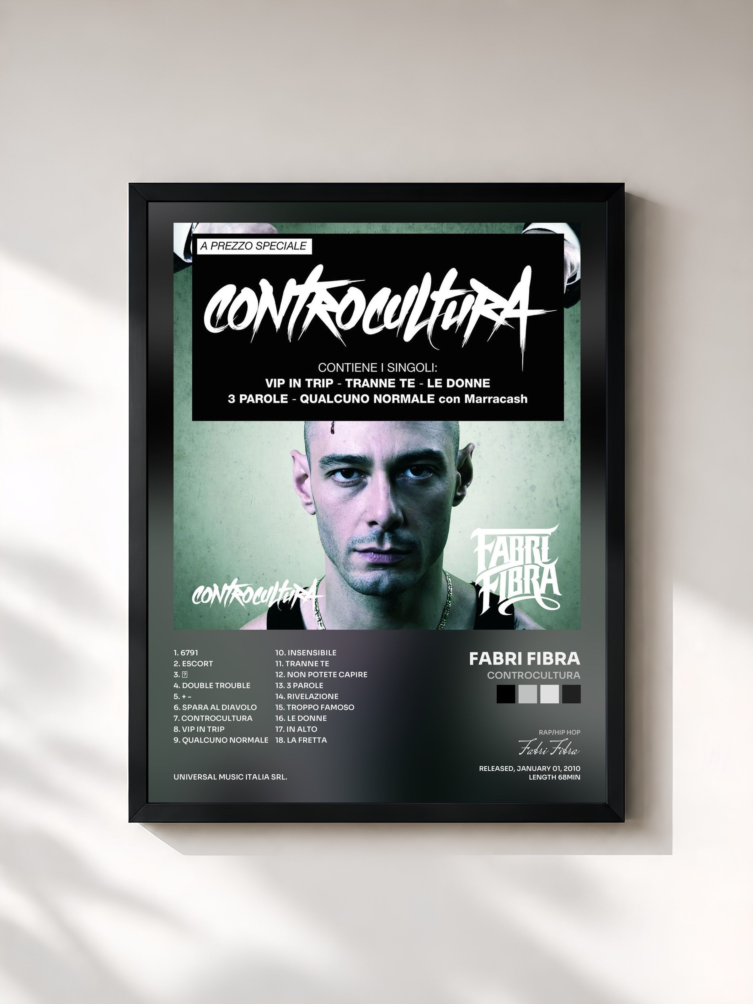 #noir Tableau de l'album Controcultura de Fabri Fibra, cadre noir, imprimé et encadré en France