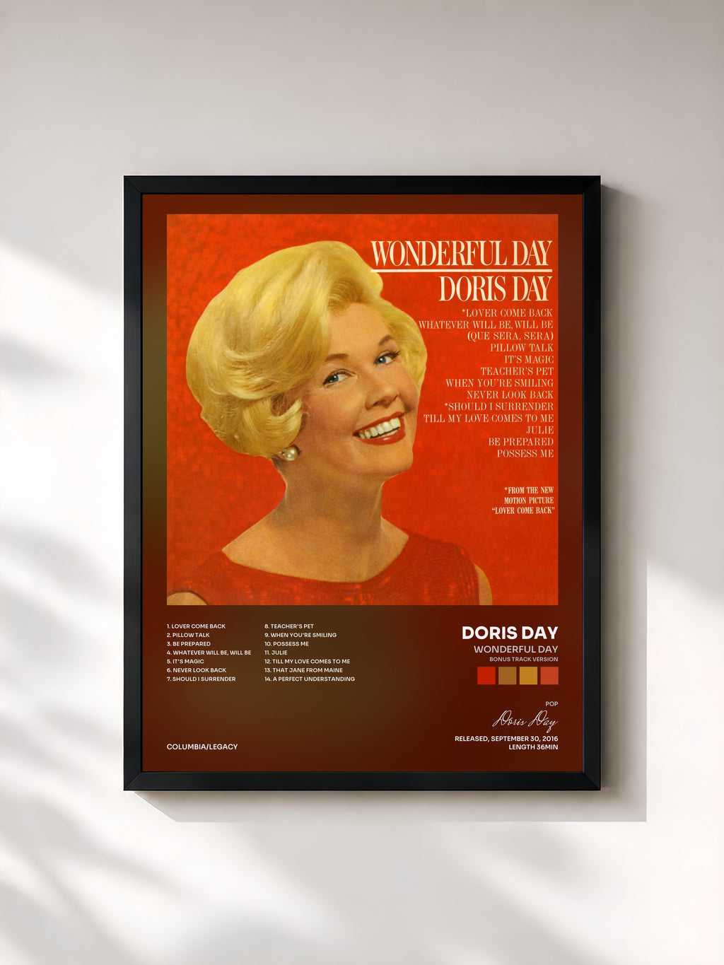 #noir Tableau de l'album Wonderful Day (Bonus Track Version) de Doris Day, cadre noir, imprimé et encadré en France