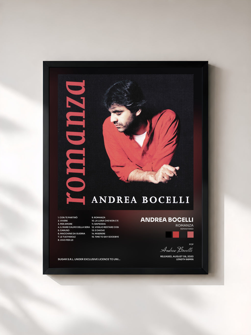 #noir Tableau de l'album Romanza (Remastered) de Andrea Bocelli, cadre noir, imprimé et encadré en France