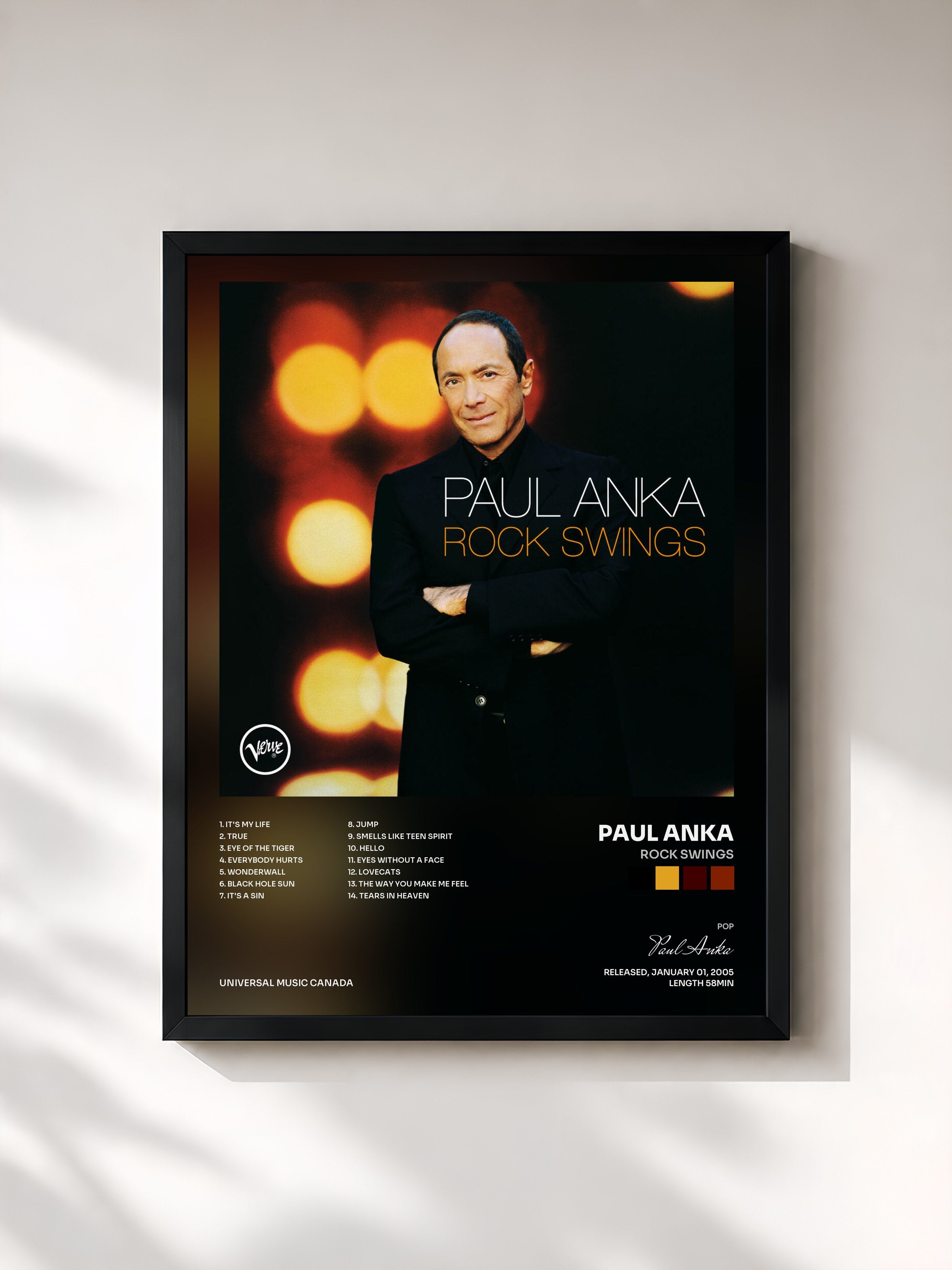 #noir Tableau de l'album Rock Swings de Paul Anka, cadre noir, imprimé et encadré en France