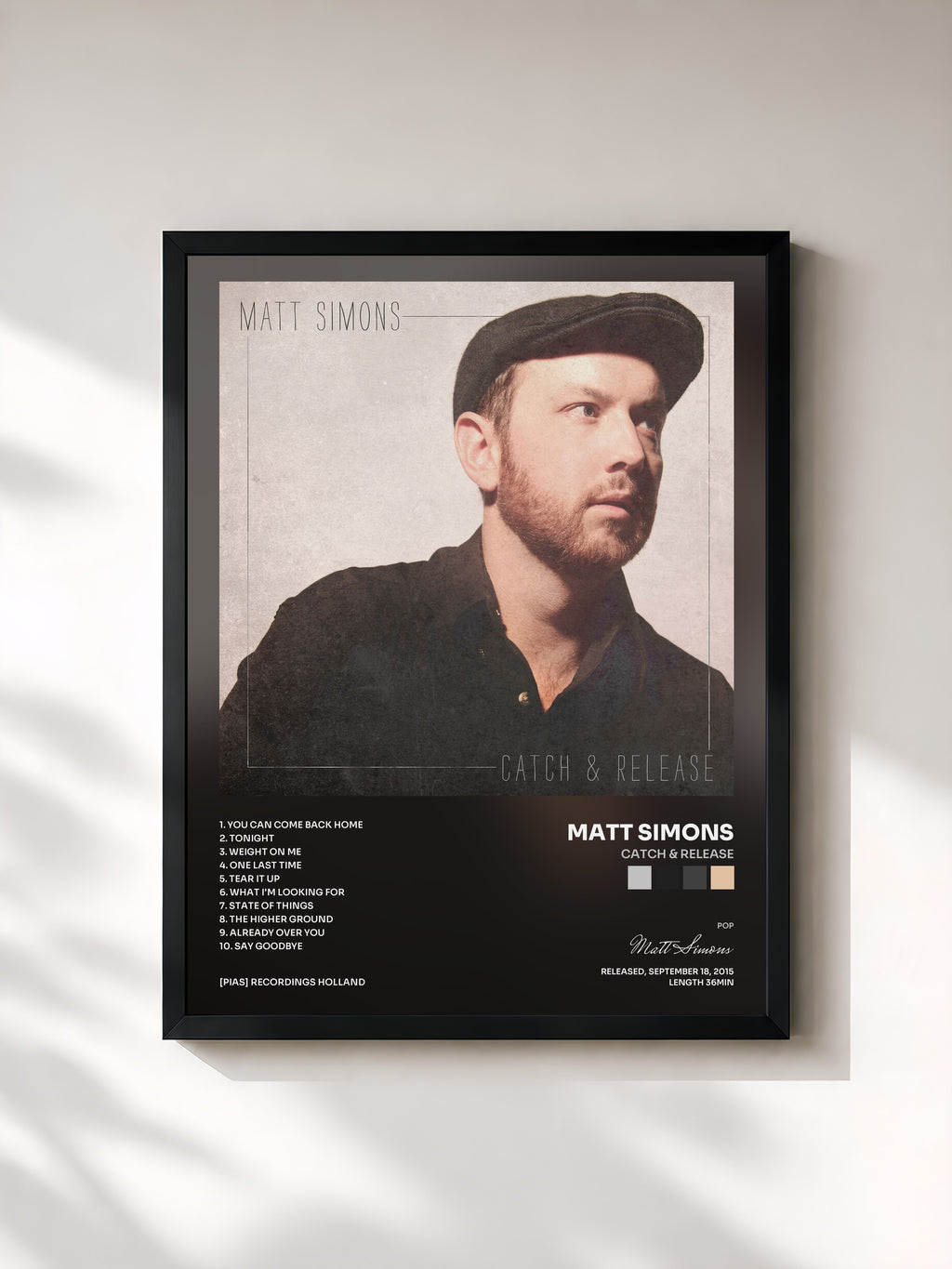 #noir Tableau de l'album Catch & Release de Matt Simons, cadre noir, imprimé et encadré en France