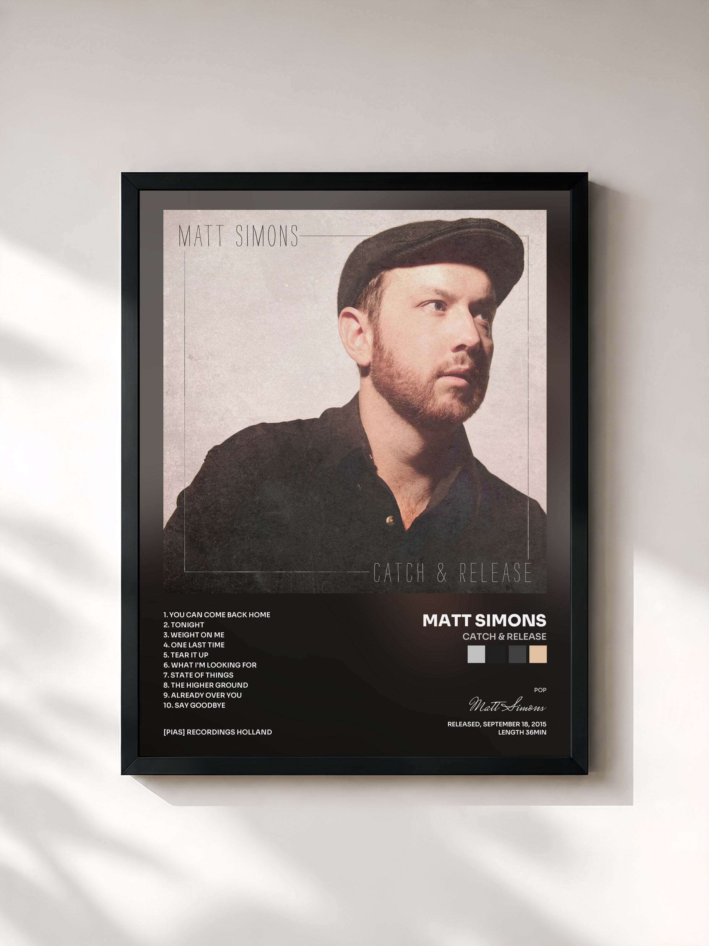 #noir Tableau de l'album Catch & Release de Matt Simons, cadre noir, imprimé et encadré en France