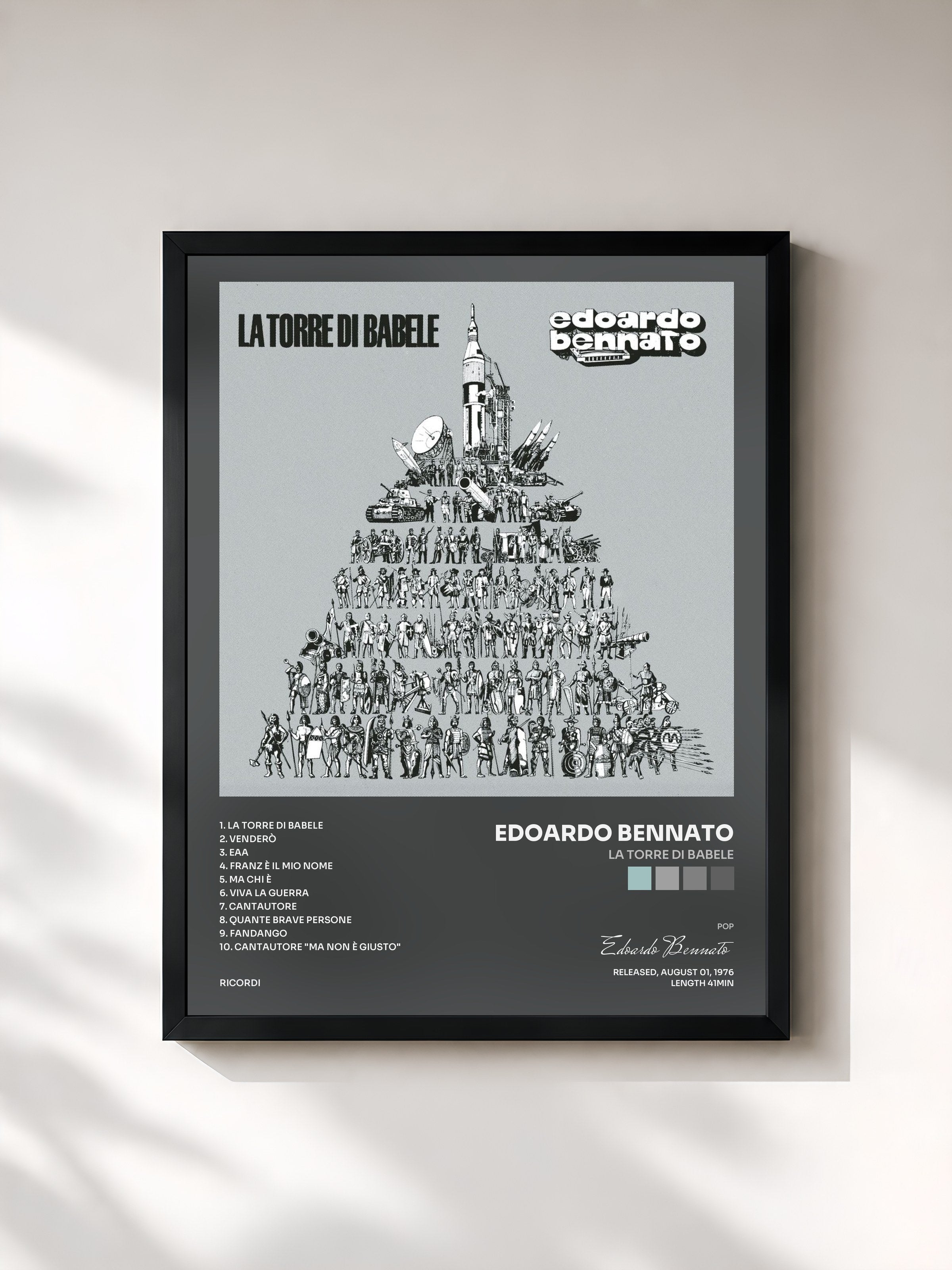 #noir Tableau de l'album La Torre Di Babele de Edoardo Bennato, cadre noir, imprimé et encadré en France