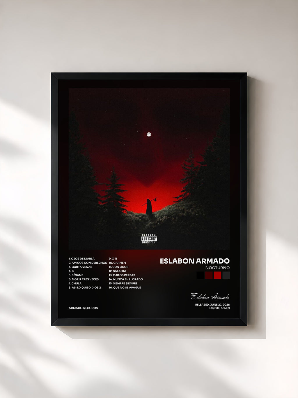 #noir Tableau de l'album NOCTURNO de Eslabon Armado, cadre noir, imprimé et encadré en France