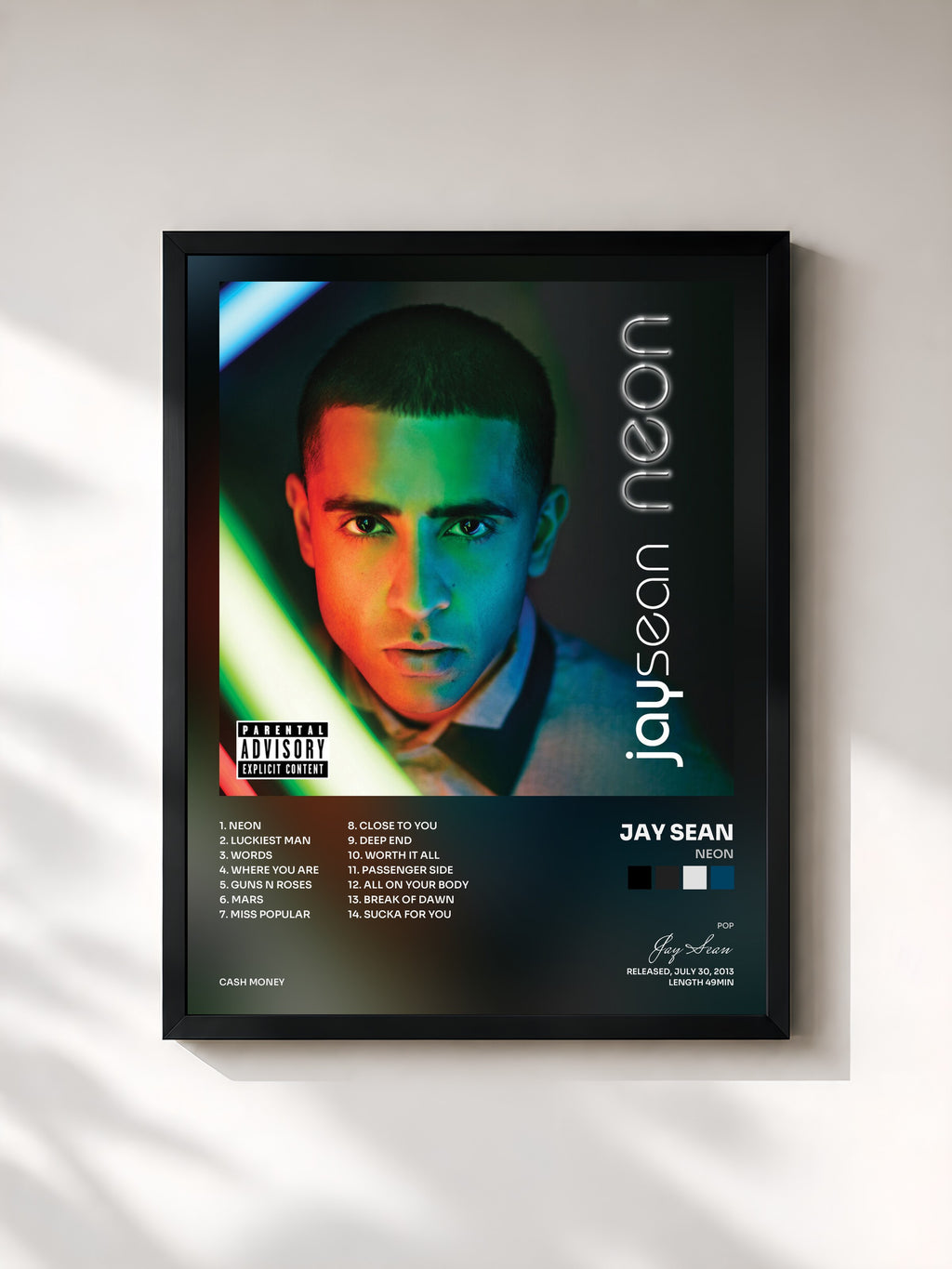 #noir Tableau de l'album Neon de Jay Sean, cadre noir, imprimé et encadré en France