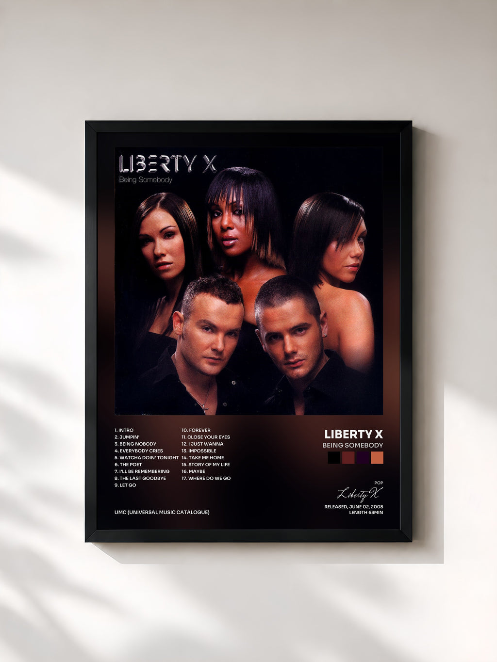 #noir Tableau de l'album Being Somebody de Liberty X, cadre noir, imprimé et encadré en France