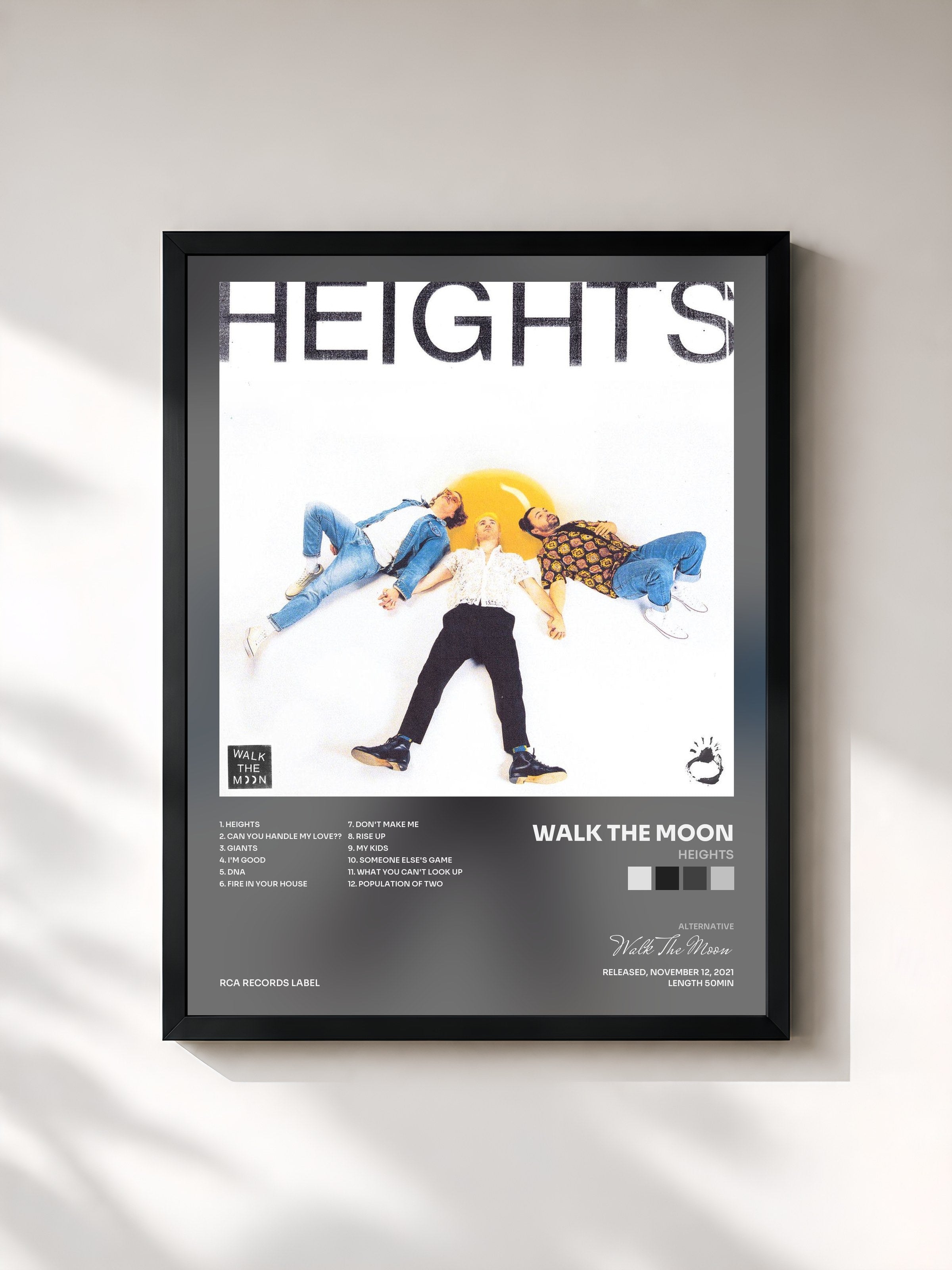 #noir Tableau de l'album HEIGHTS de Walk The Moon, cadre noir, imprimé et encadré en France