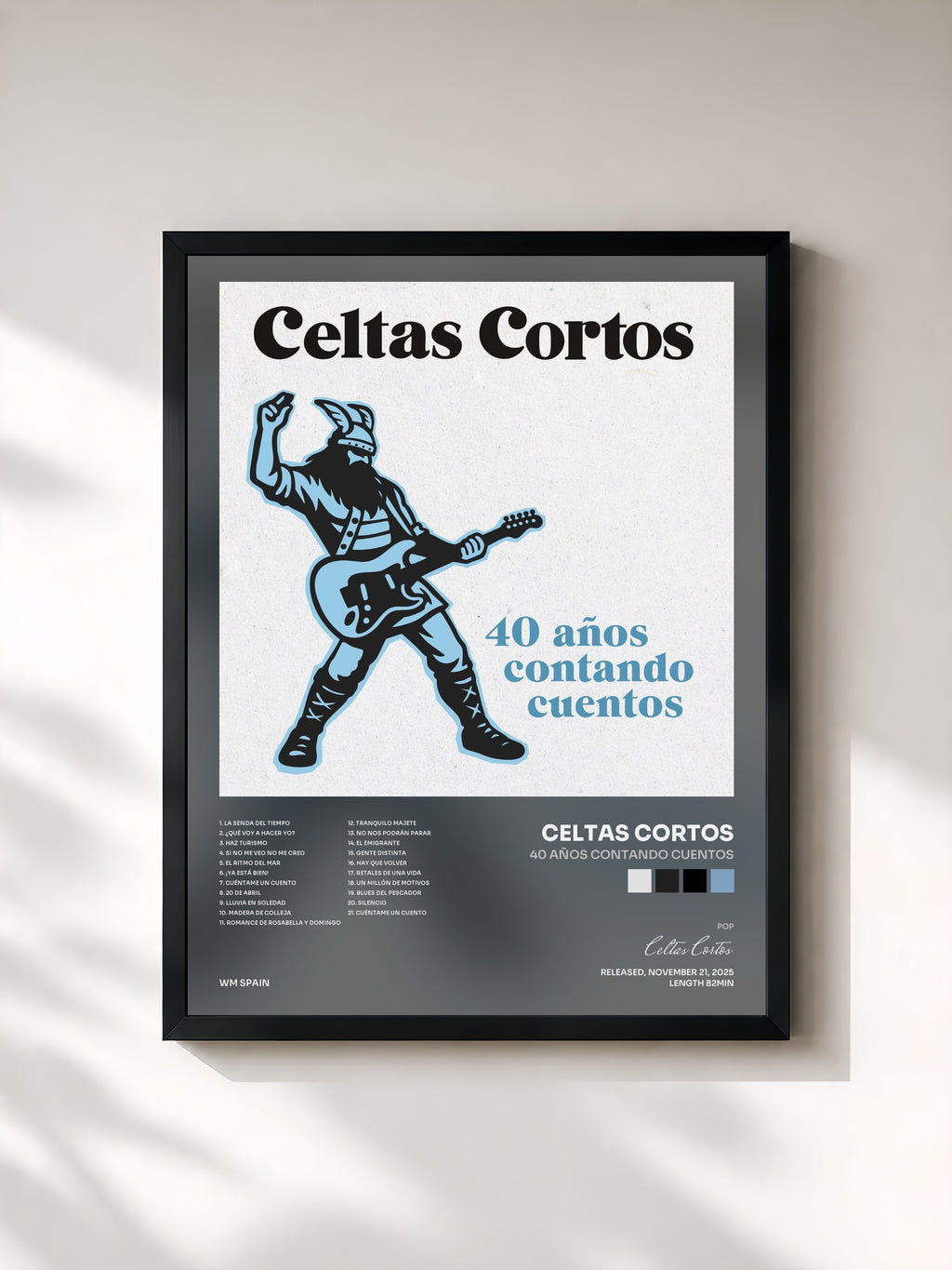 #noir Tableau de l'album 40 años contando cuentos de Celtas Cortos, cadre noir, imprimé et encadré en France