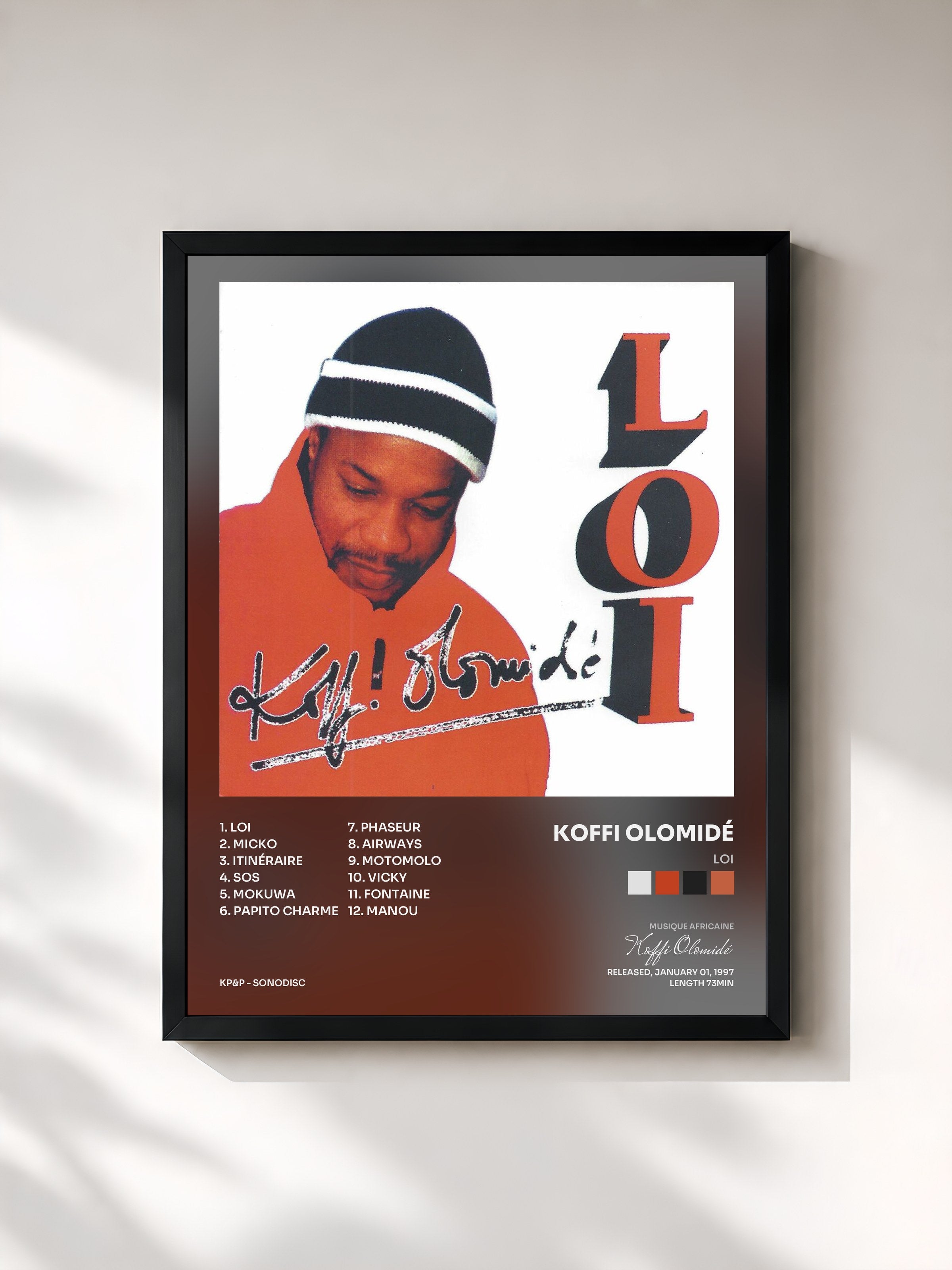 #noir Tableau de l'album Loi de Koffi Olomidé, cadre noir, imprimé et encadré en France