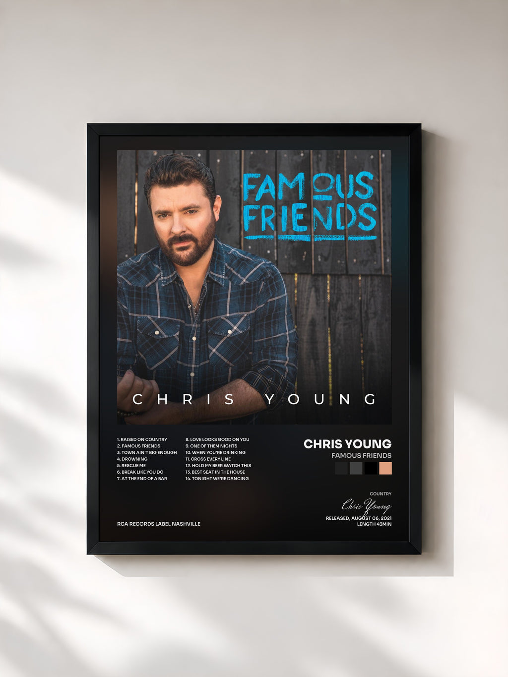 #noir Tableau de l'album Famous Friends de Chris Young, cadre noir, imprimé et encadré en France