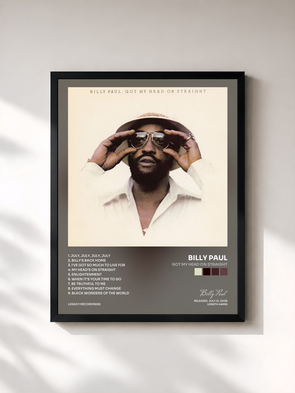 #noir Tableau de l'album Got My Head On Straight de Billy Paul, cadre noir, imprimé et encadré en France