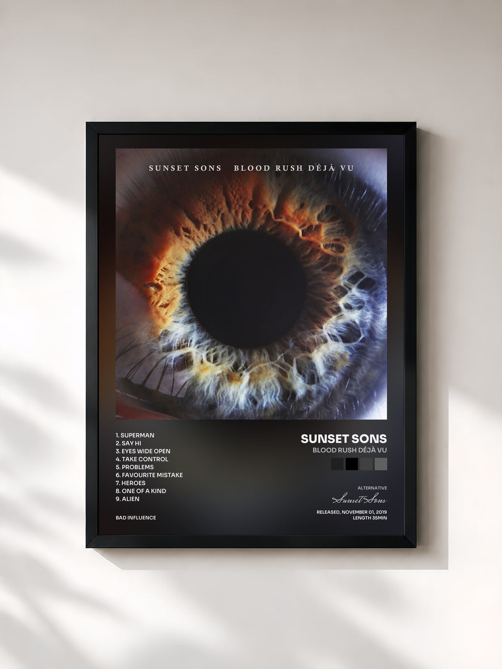 #noir Tableau de l'album Blood Rush Déjà Vu de Sunset Sons, cadre noir, imprimé et encadré en France