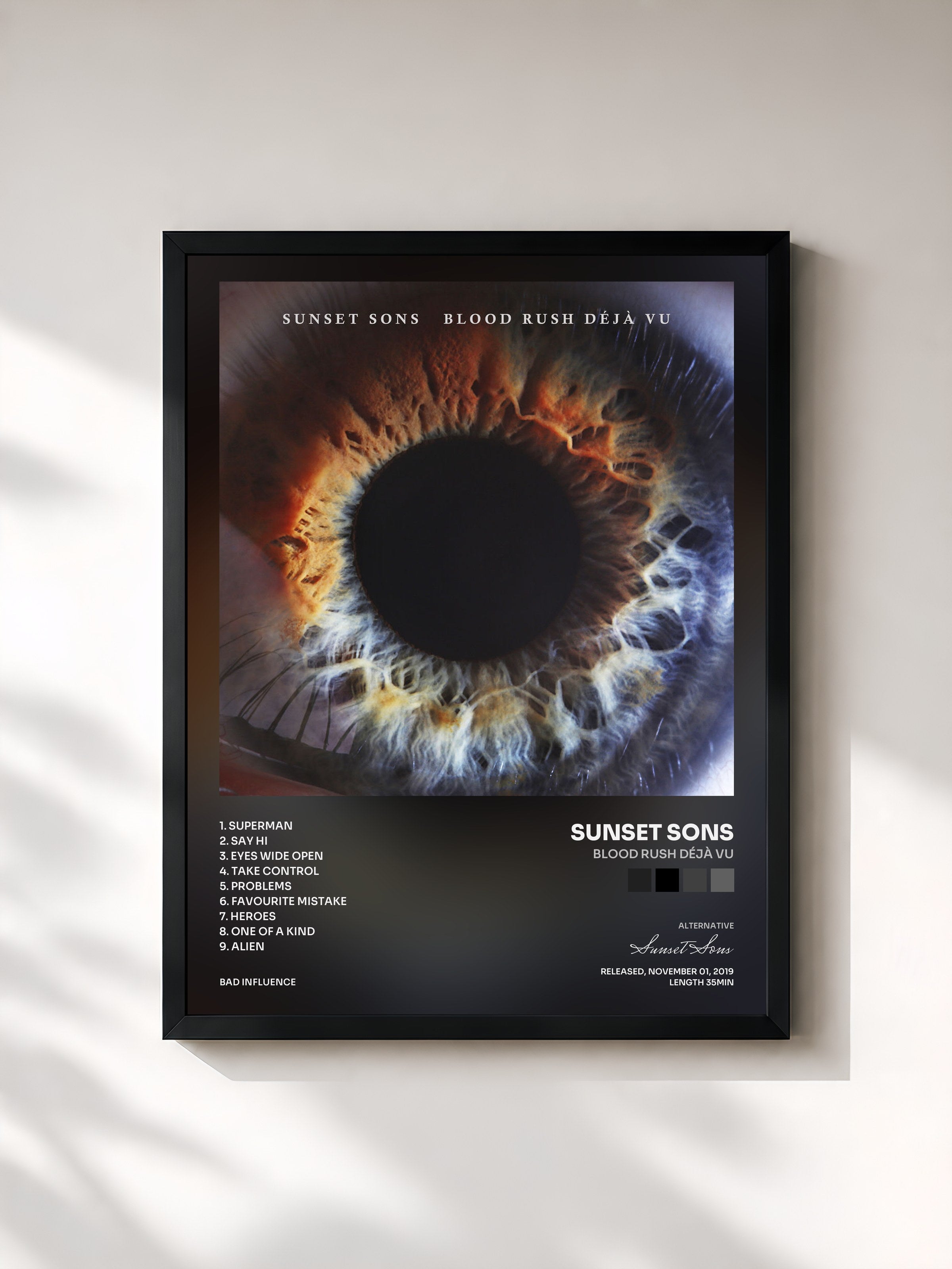 #noir Tableau de l'album Blood Rush Déjà Vu de Sunset Sons, cadre noir, imprimé et encadré en France