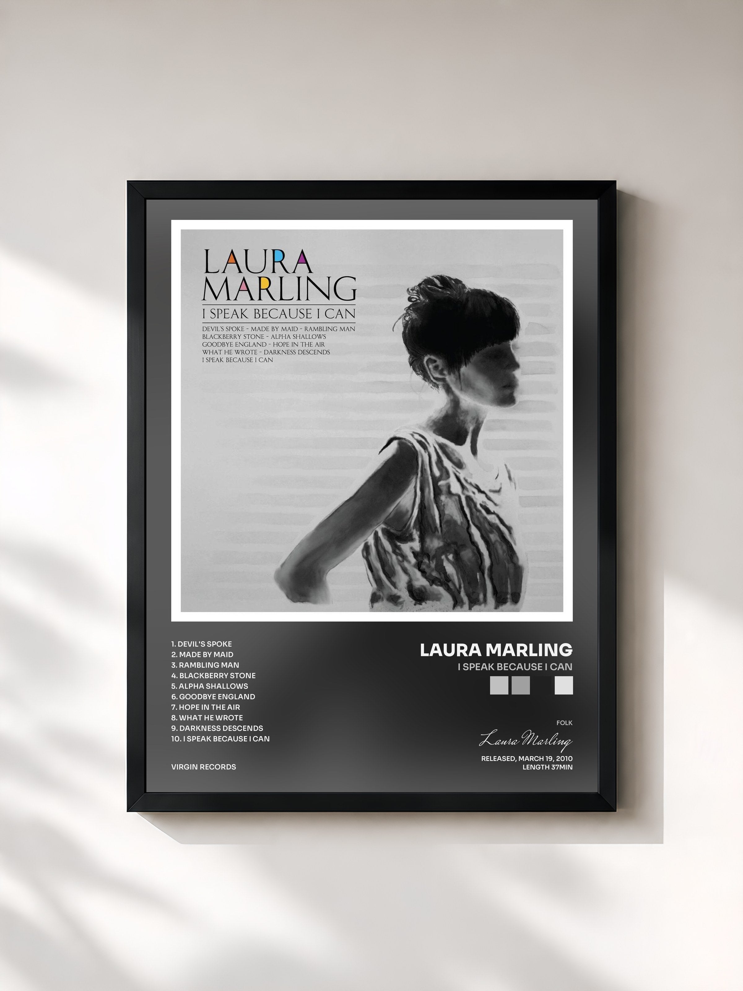 #noir Tableau de l'album I Speak Because I Can de Laura Marling, cadre noir, imprimé et encadré en France