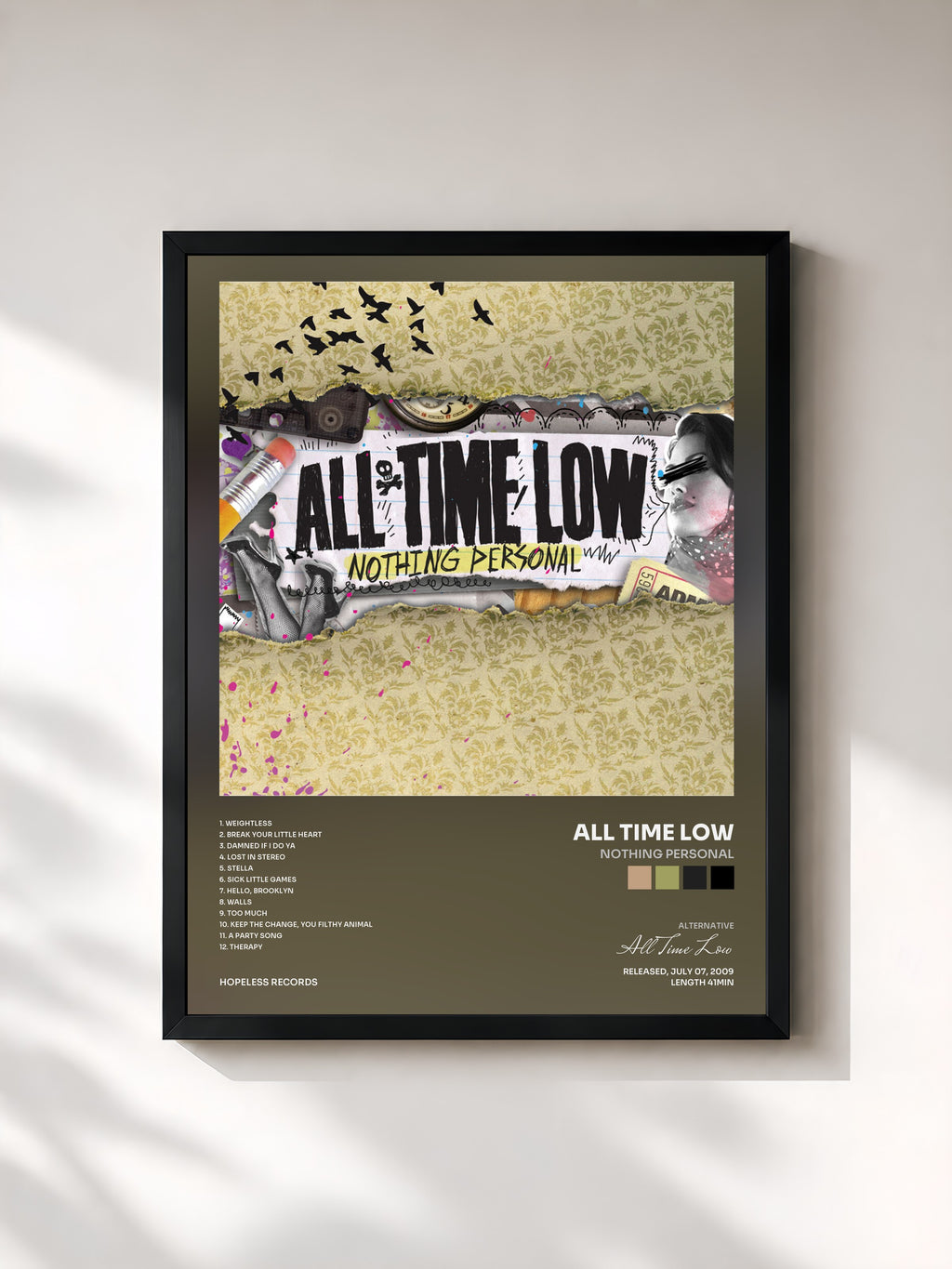 #noir Tableau de l'album Nothing Personal de All Time Low, cadre noir, imprimé et encadré en France