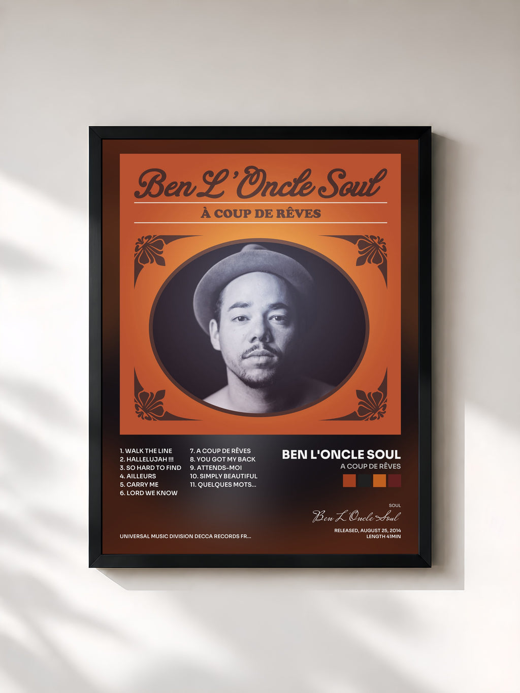#noir Tableau de l'album A Coup De Rêves de Ben L'Oncle Soul, cadre noir, imprimé et encadré en France