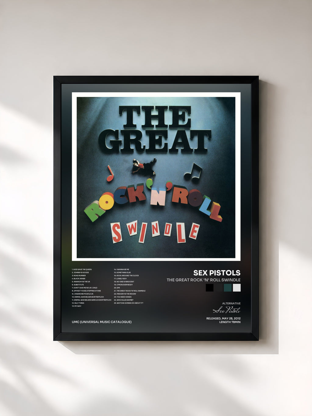 #noir Tableau de l'album The Great Rock 'N' Roll Swindle de Sex Pistols, cadre noir, imprimé et encadré en France